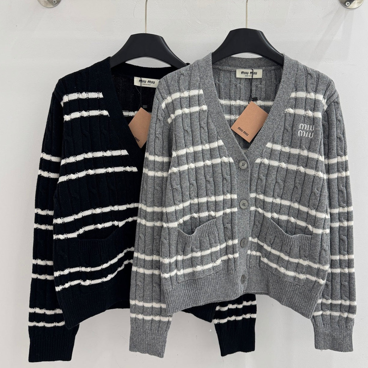 Miumiu 2025 Striped Knit Cardigan Gray and Black Wool