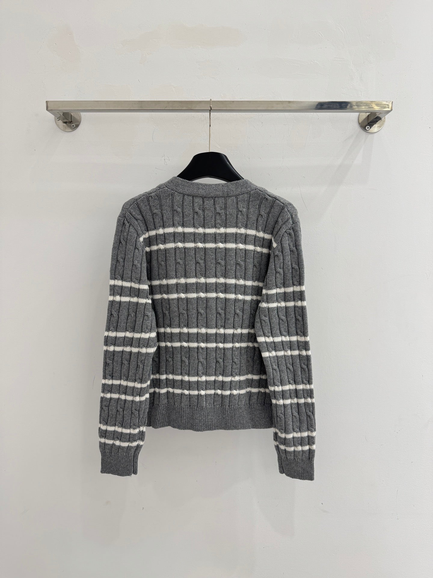 Miumiu 2025 Striped Knit Cardigan Gray and Black Wool