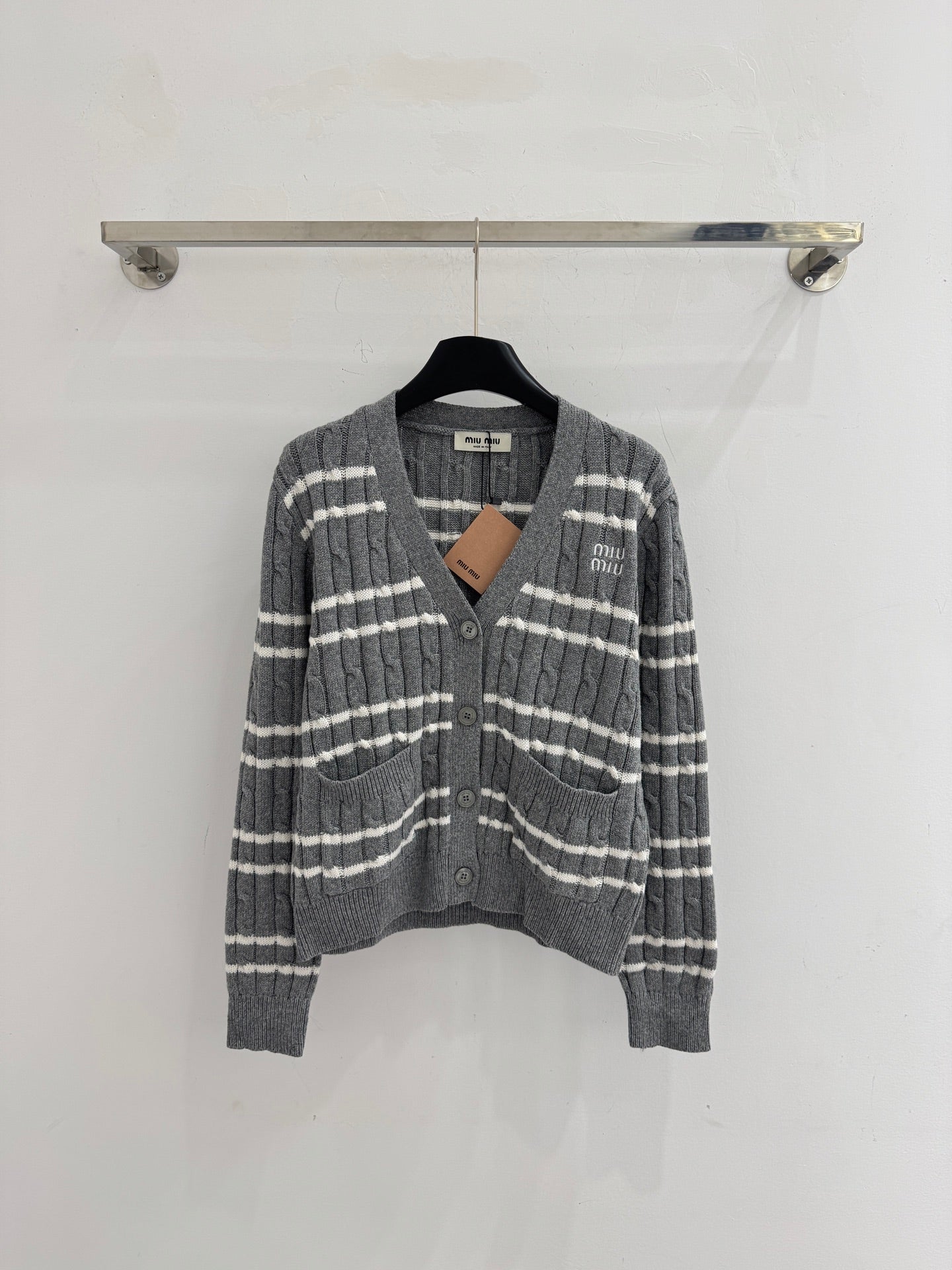 Miumiu 2025 Striped Knit Cardigan Gray and Black Wool