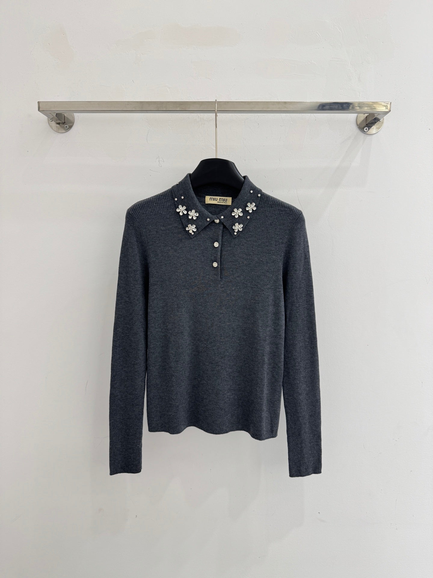 Miumiu 2025  Beaded Collar Long-Sleeve Knit Sweate Wool