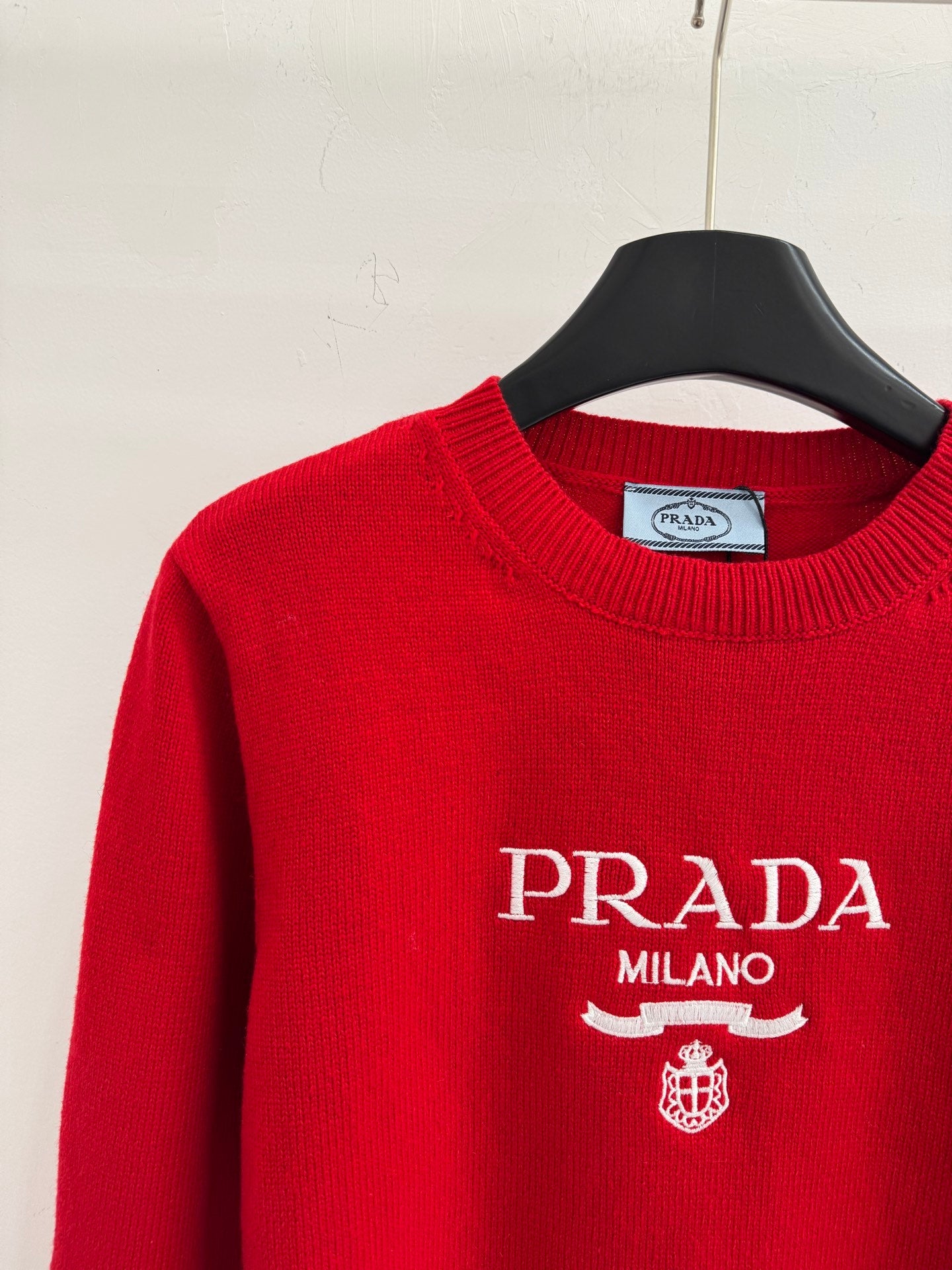 Prada 2025 Long-Sleeved Knit Sweater Dark Blue and Red Wool