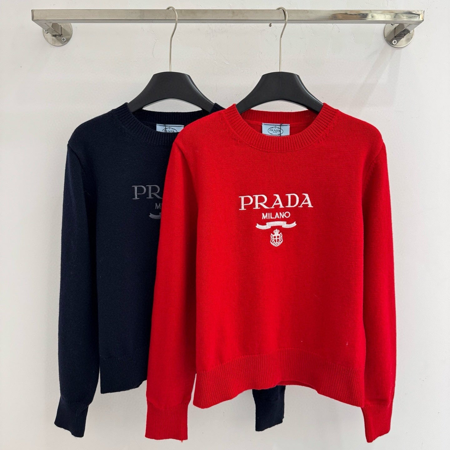 Prada 2025 Long-Sleeved Knit Sweater Dark Blue and Red Wool
