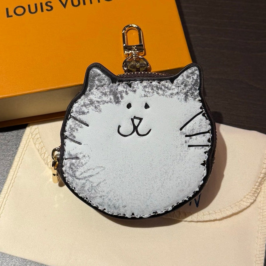 LV Monogram Kitty Coin Purse Charm White Brown Leather Canvas