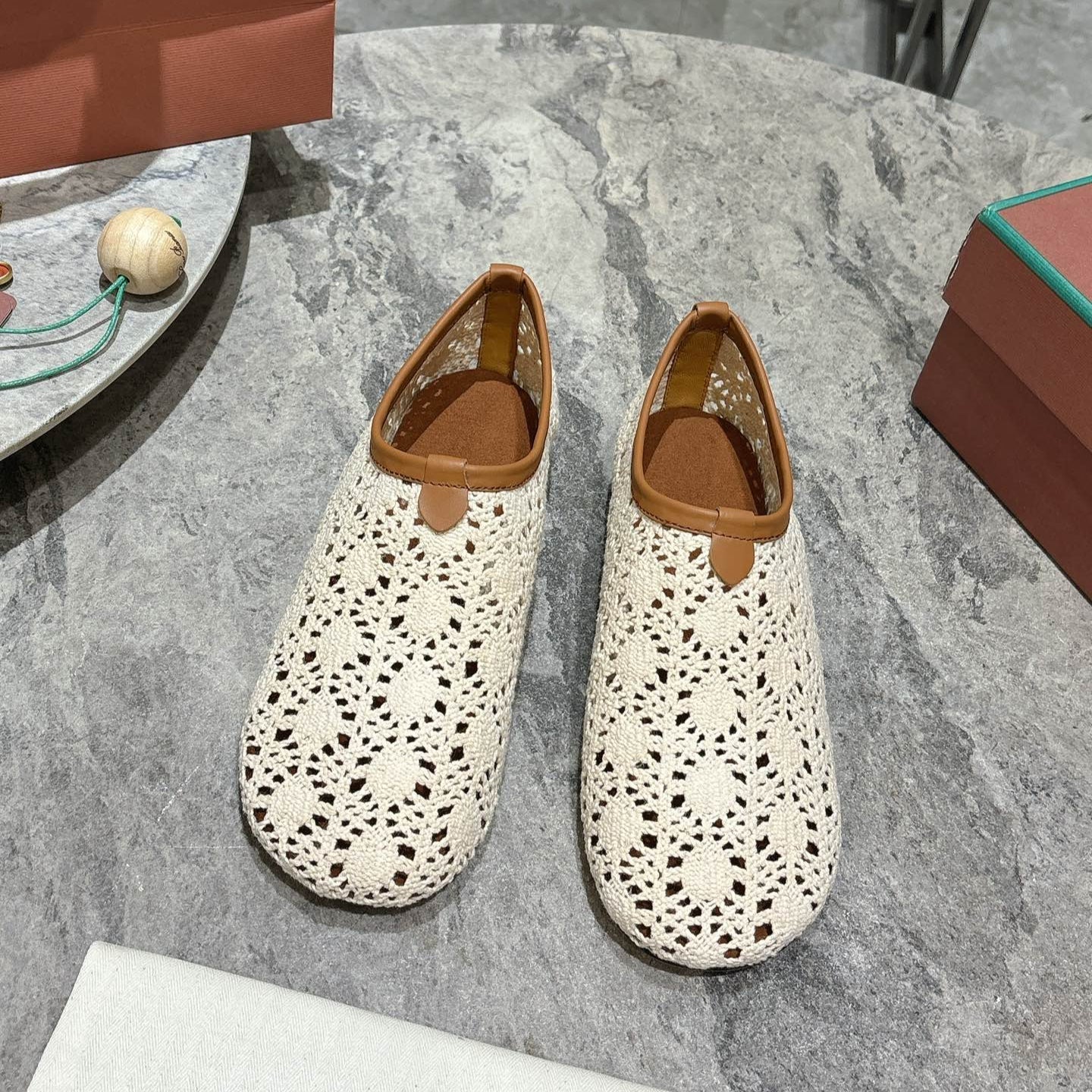 LP hollow knit ballet flats white fabric 379026