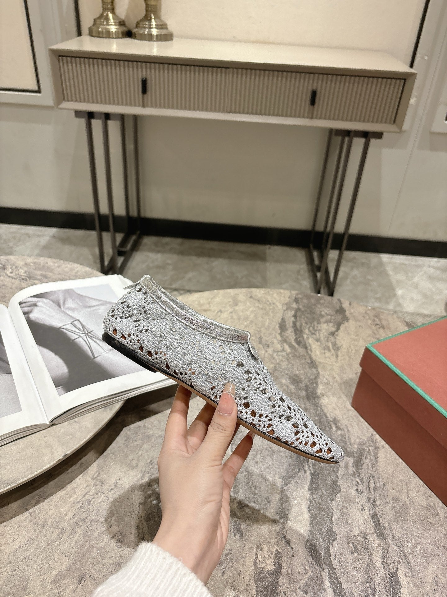 LP hollow knit ballet flats gray fabric 379028