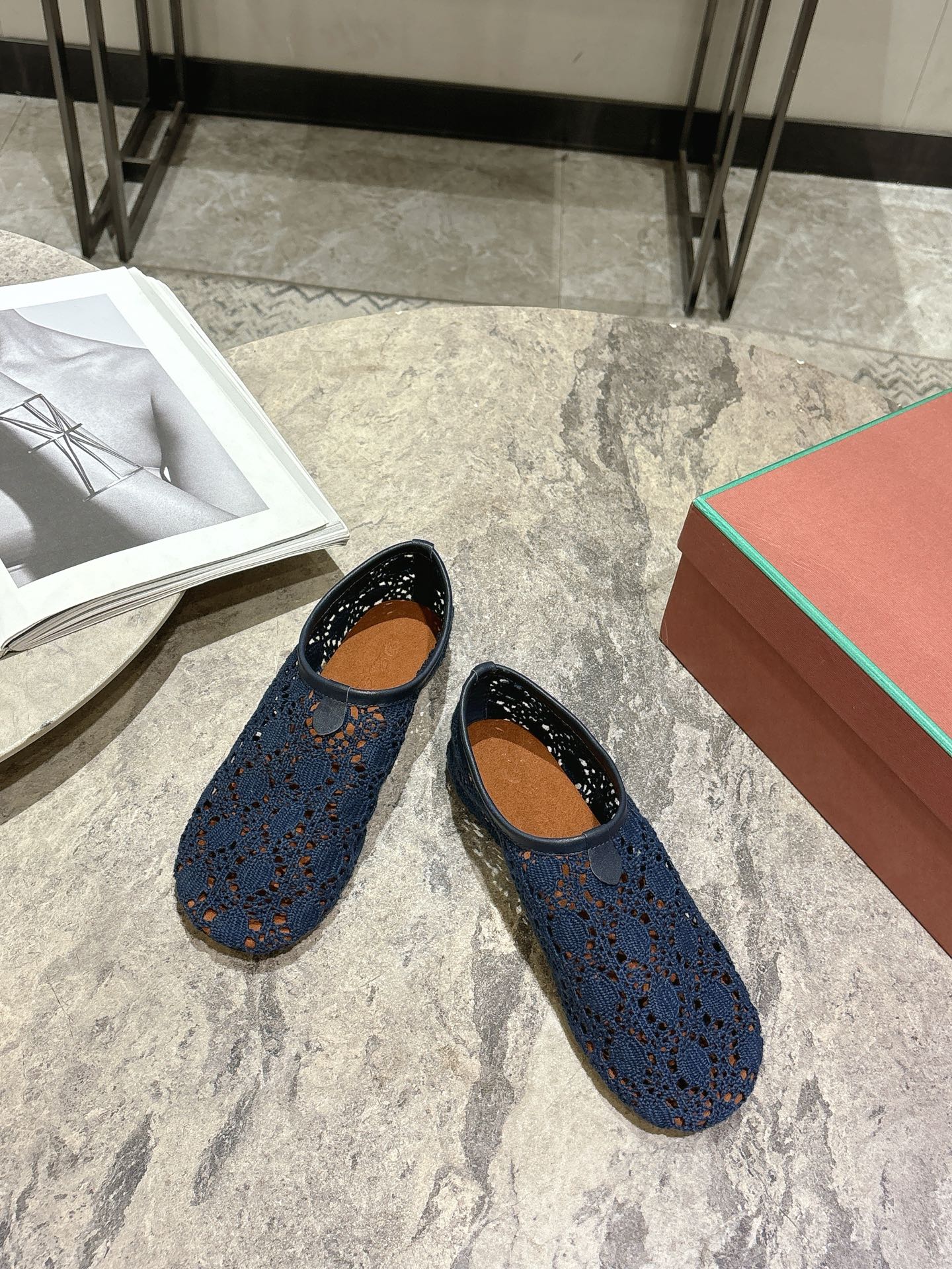 LP hollow knit ballet flats dark blue fabric 379029