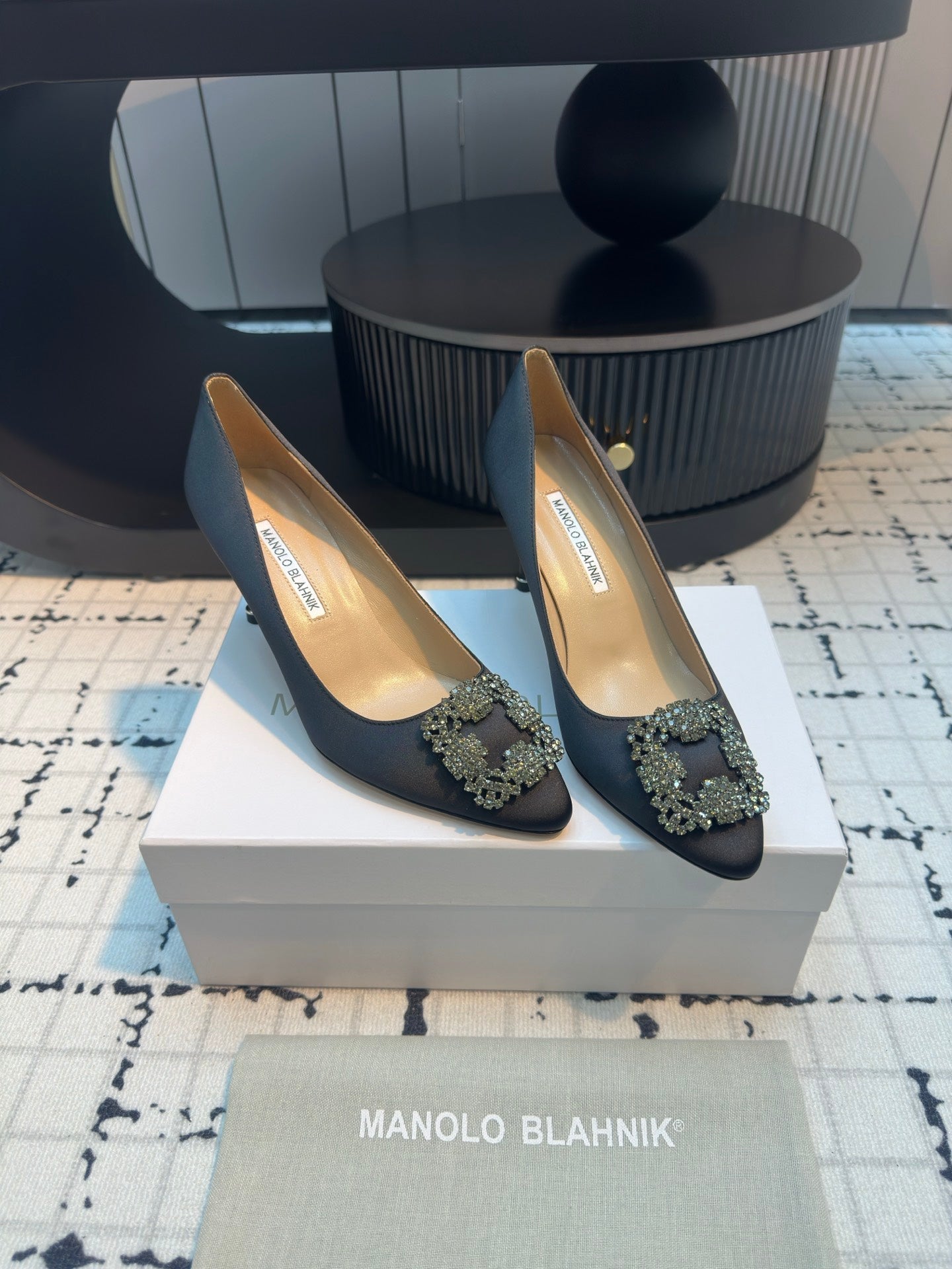 Manolo Blahnik Hangisi Embellished Pumps Black Satin  Leather