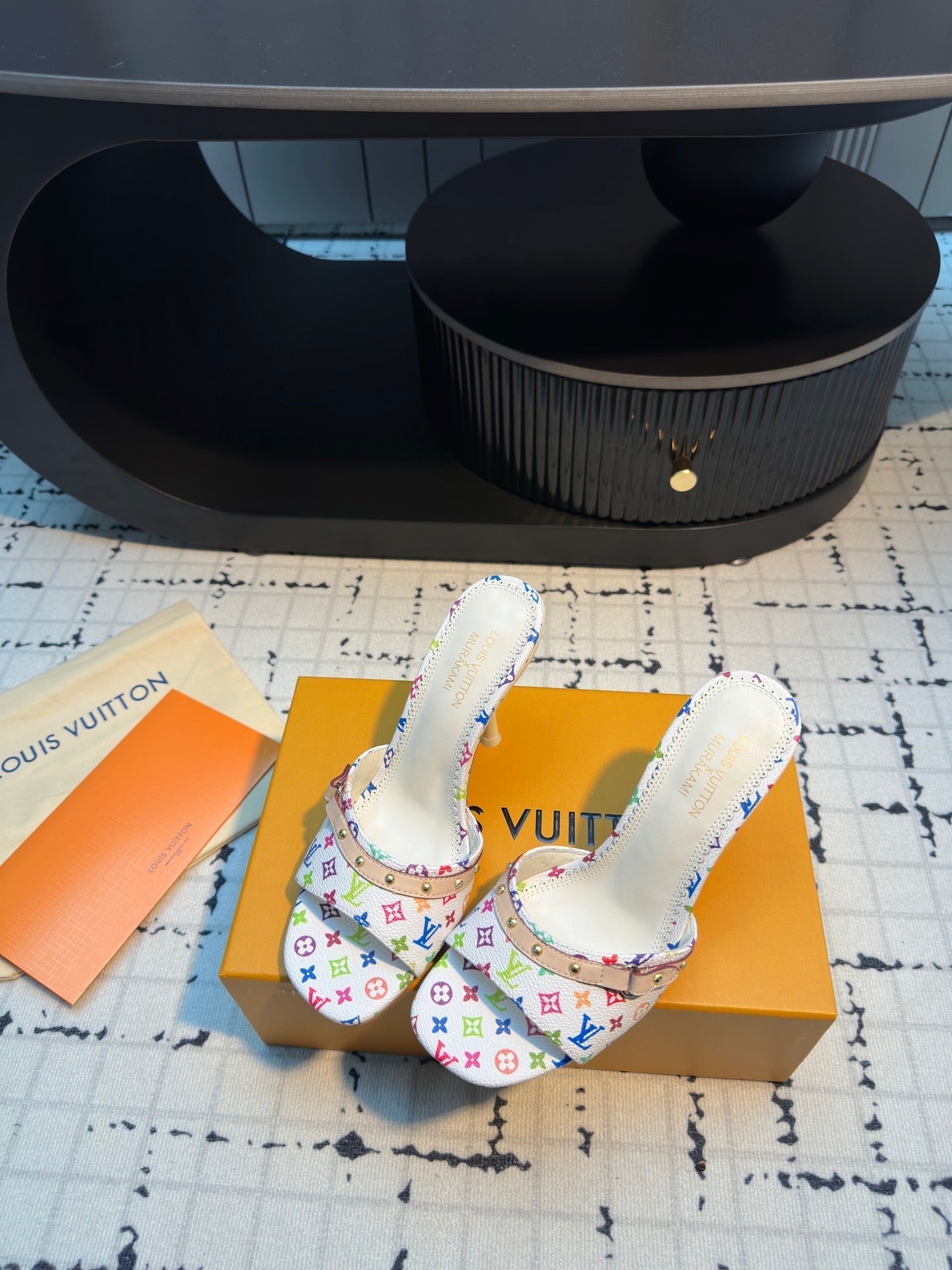 LV Mule 6AM LV x TM 95mm White with Monogram Multicolore Leather 218905