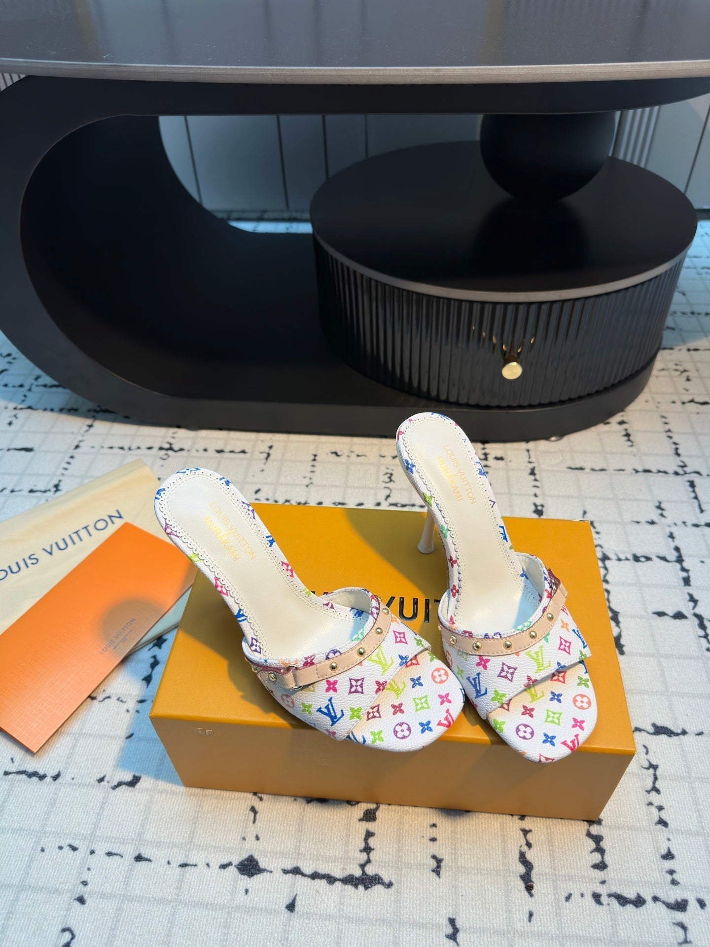 LV Mule 6AM LV x TM 95mm White with Monogram Multicolore Leather 218905