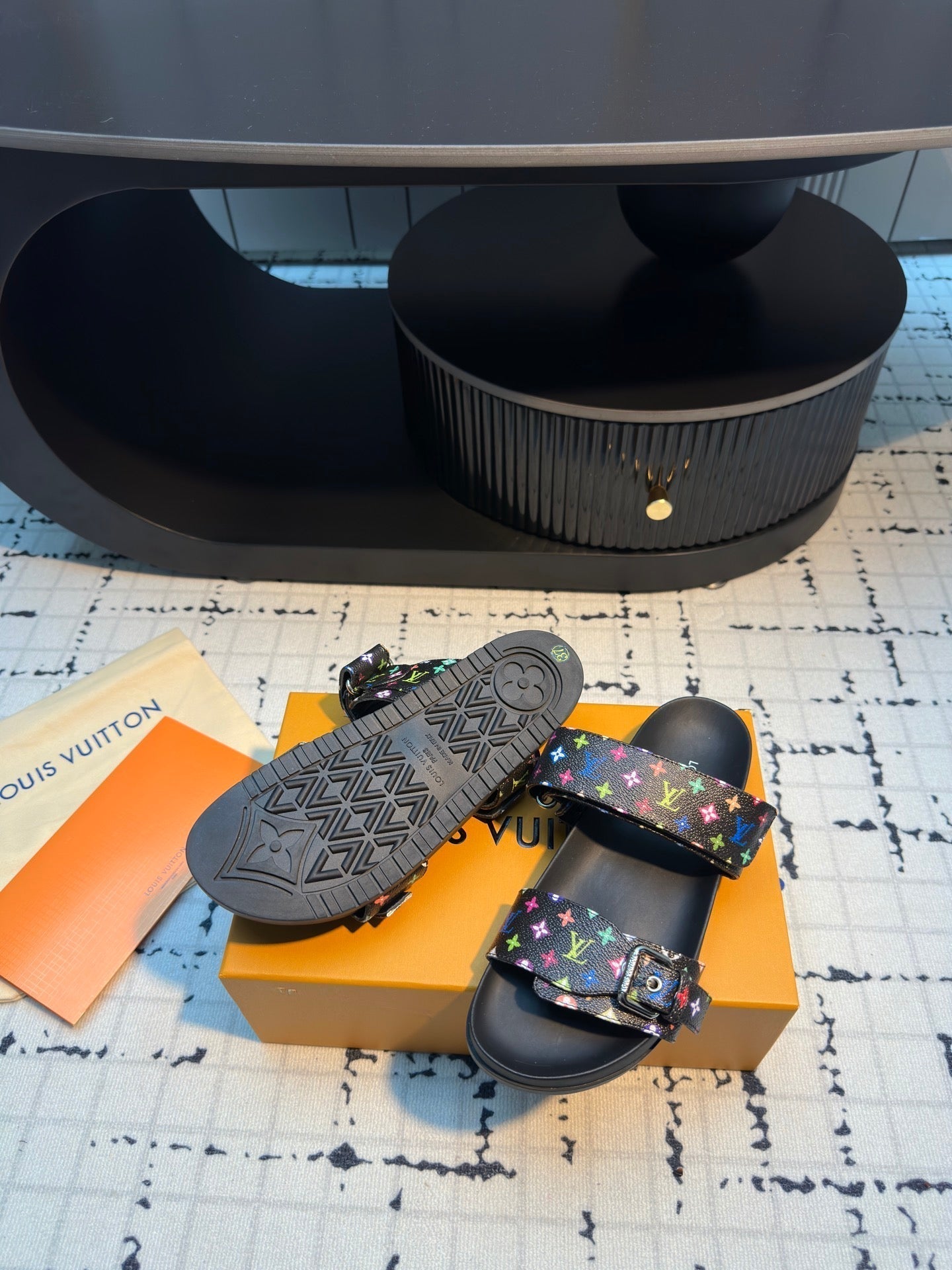 LV LV x TM Bom Dia Flat Comfort Mule Black with Monogram Multicolore Leather 218911