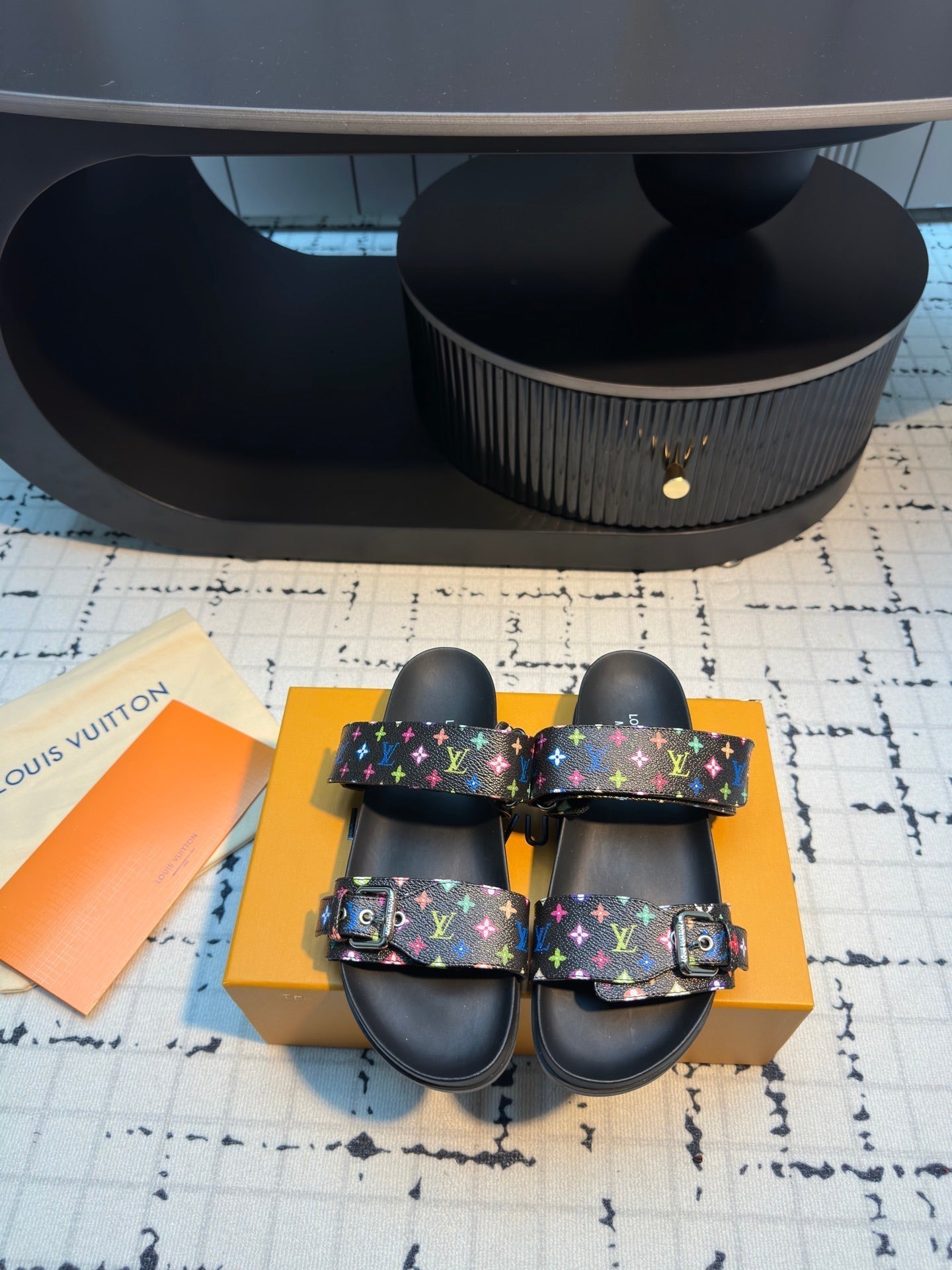 LV LV x TM Bom Dia Flat Comfort Mule Black with Monogram Multicolore Leather 218911