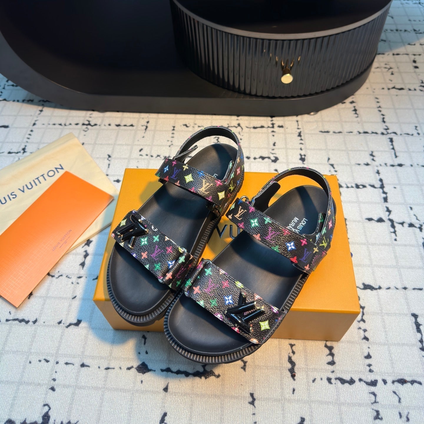 LV LV x TM LV Sunset Flat Comfort Sandal Black with Monogram Multicolore Leather 218916