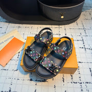 LV LV x TM LV Sunset Flat Comfort Sandal Black with Monogram Multicolore Leather 218916