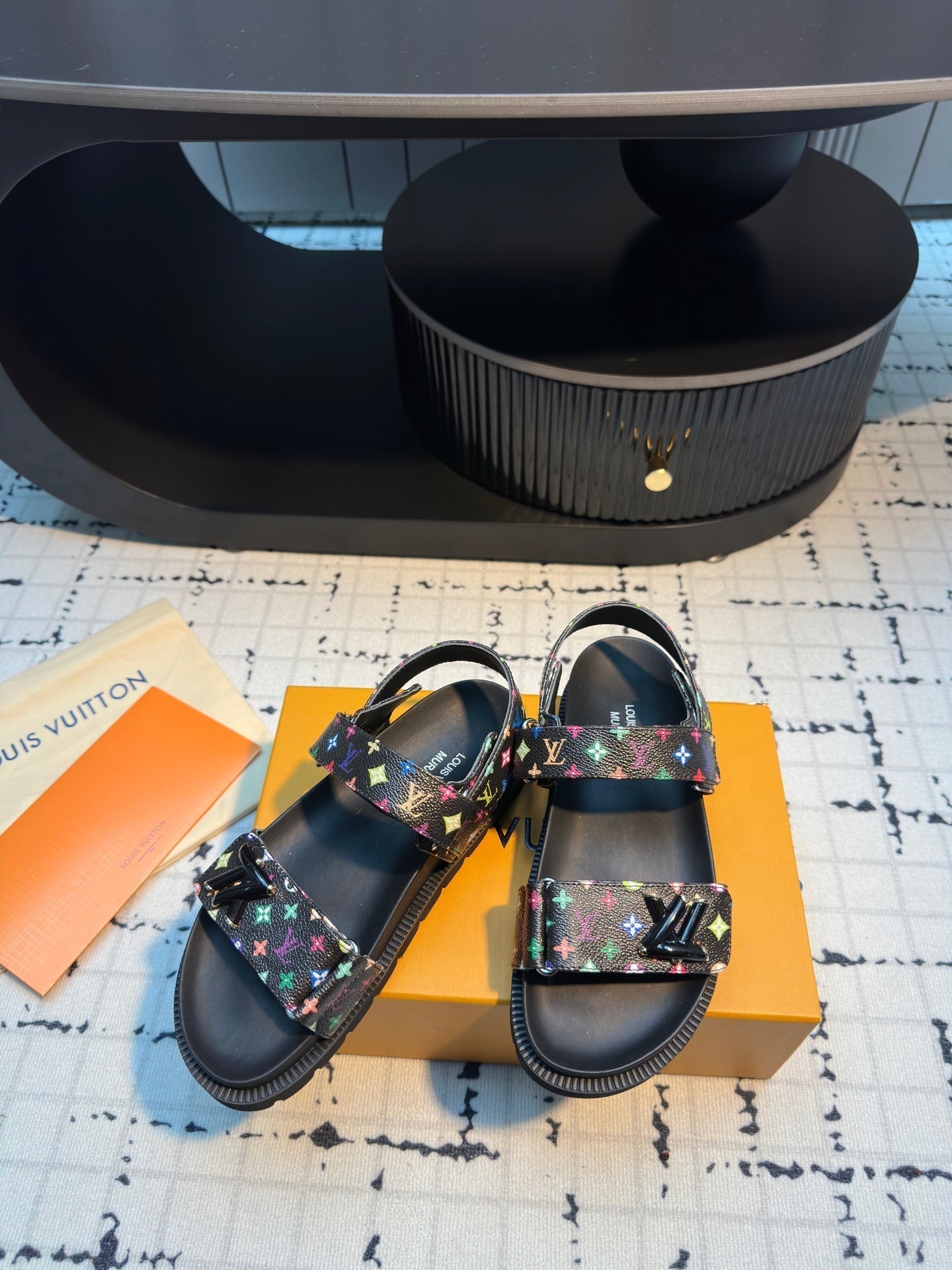 LV LV x TM LV Sunset Flat Comfort Sandal Black with Monogram Multicolore Leather 218916