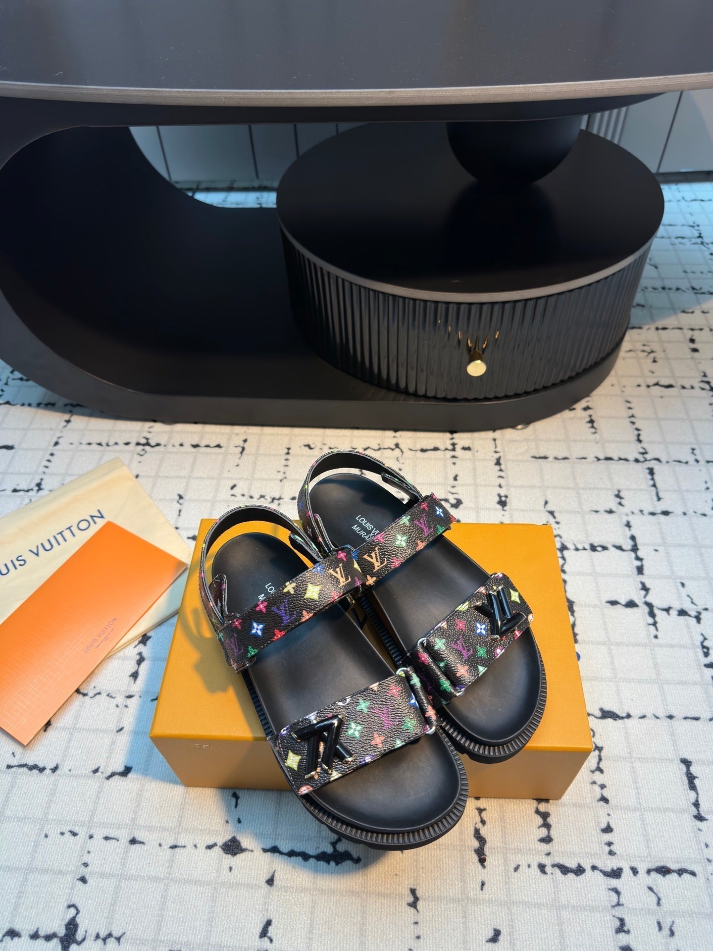 LV LV x TM LV Sunset Flat Comfort Sandal Black with Monogram Multicolore Leather 218916