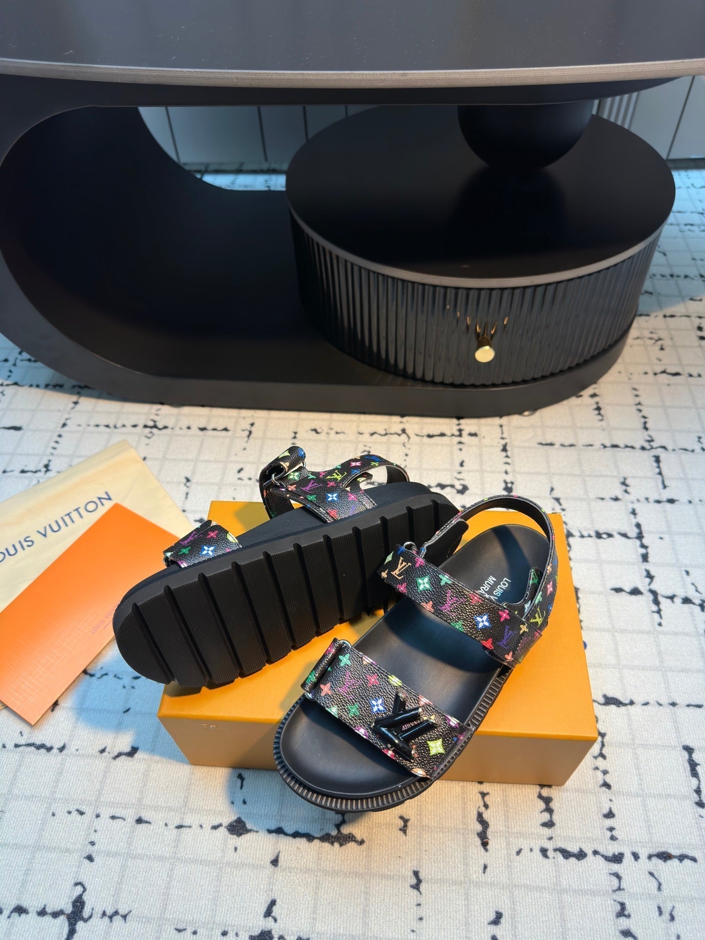 LV LV x TM LV Sunset Flat Comfort Sandal Black with Monogram Multicolore Leather 218916