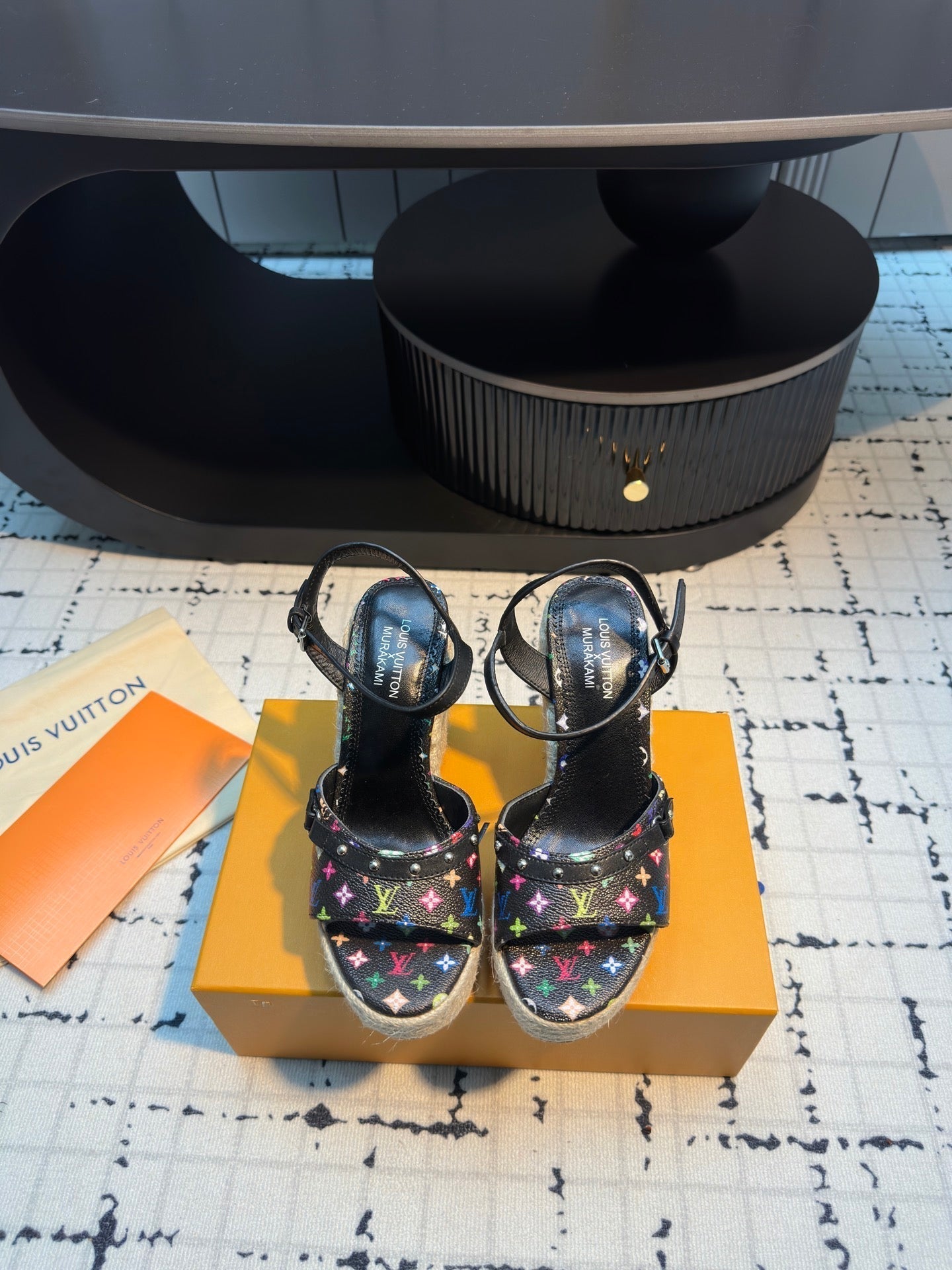 LV LV x TM Helios Wedge Sandal Black with Monogram Multicolore Leather 218917