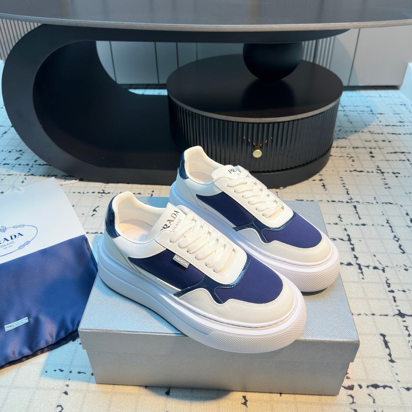 Prada 25s  Platform Sneakers White Blue Cowhide 538420