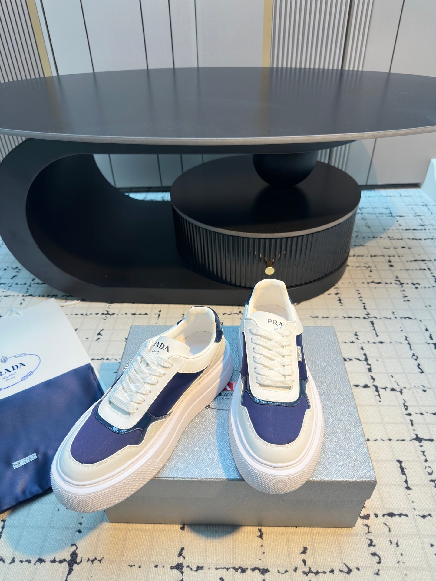 Prada 25s  Platform Sneakers White Blue Cowhide 538420