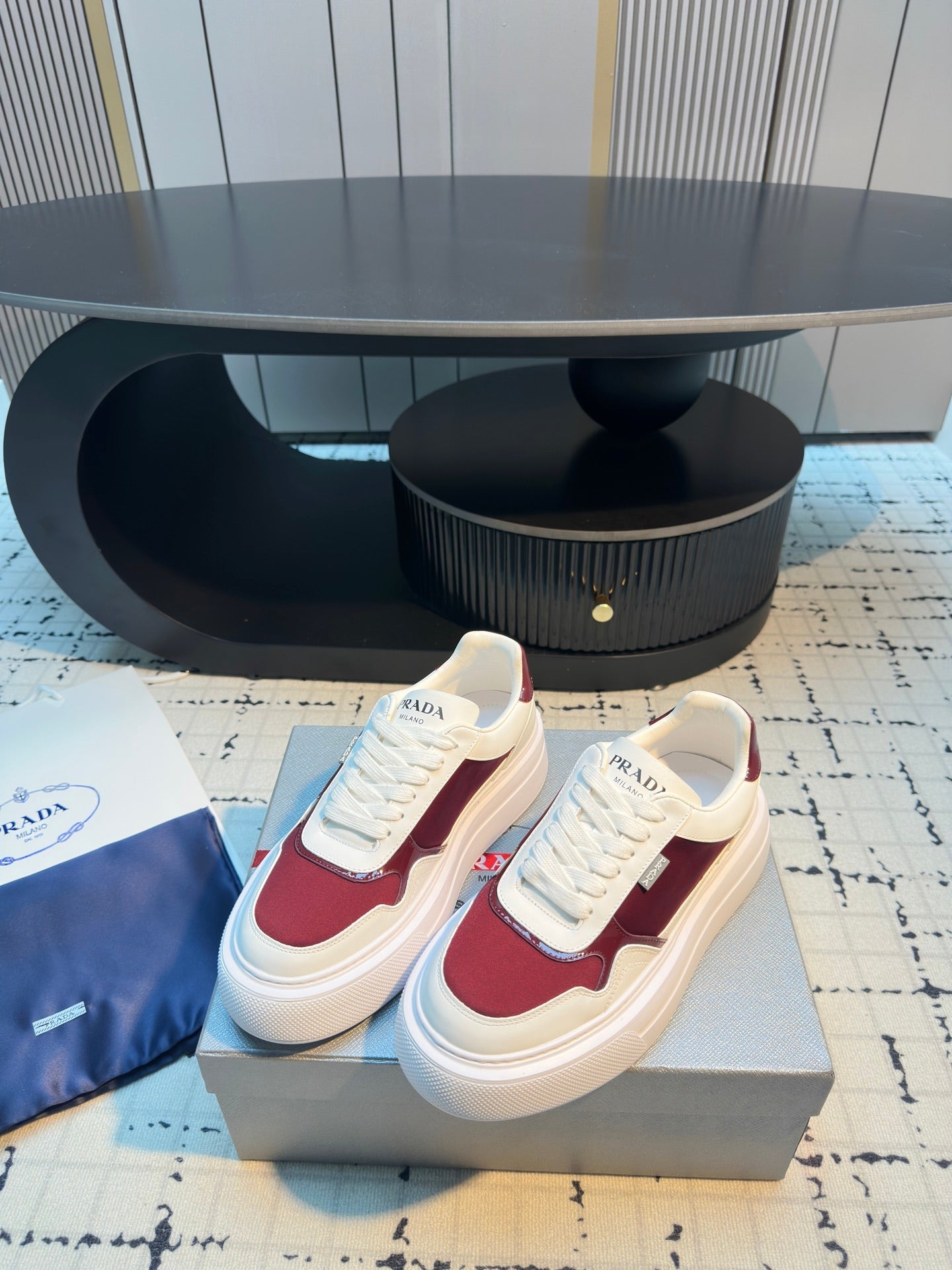 Prada 25s  Platform Sneakers White Red Cowhide 538422