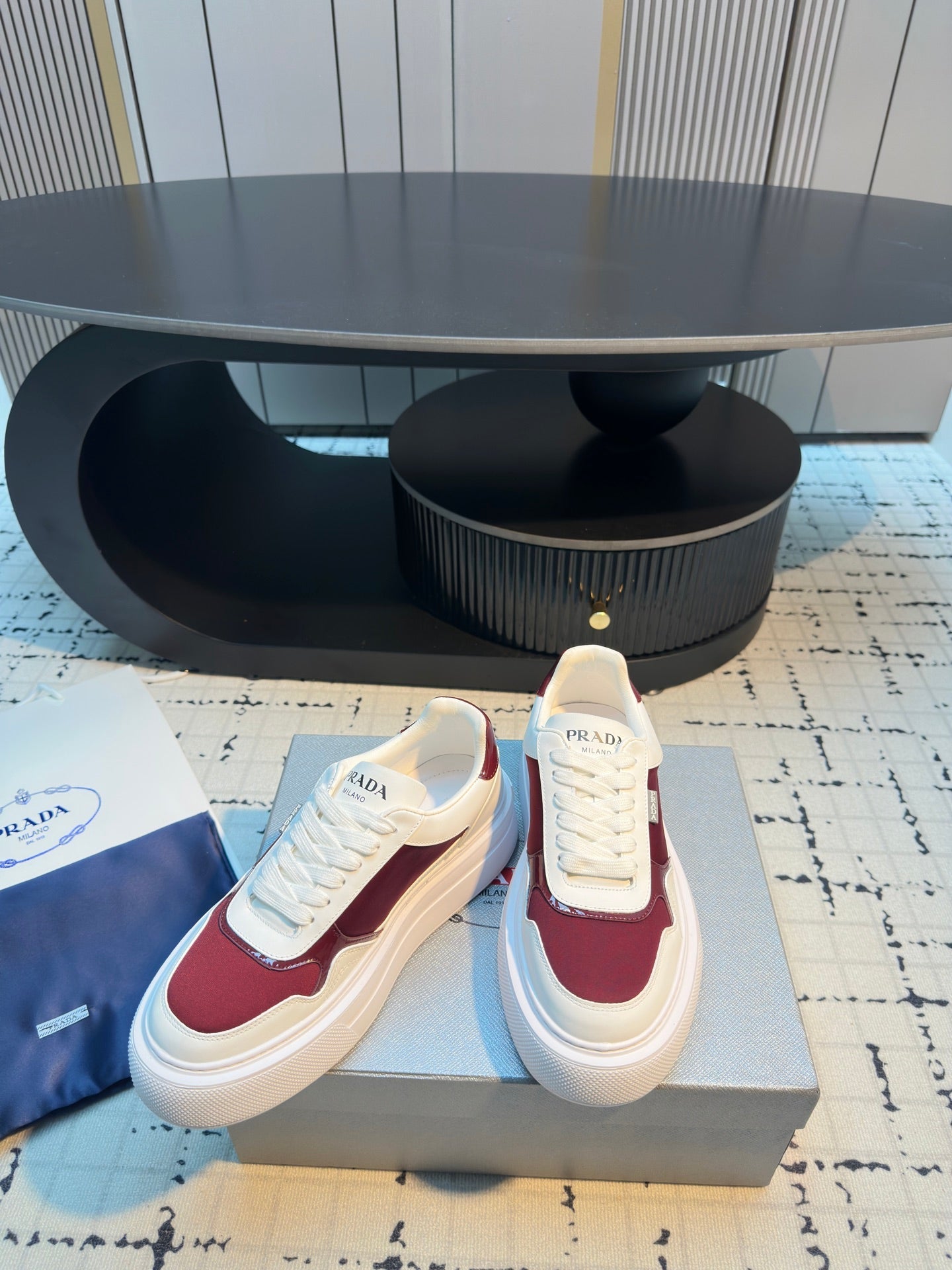 Prada 25s  Platform Sneakers White Red Cowhide 538422