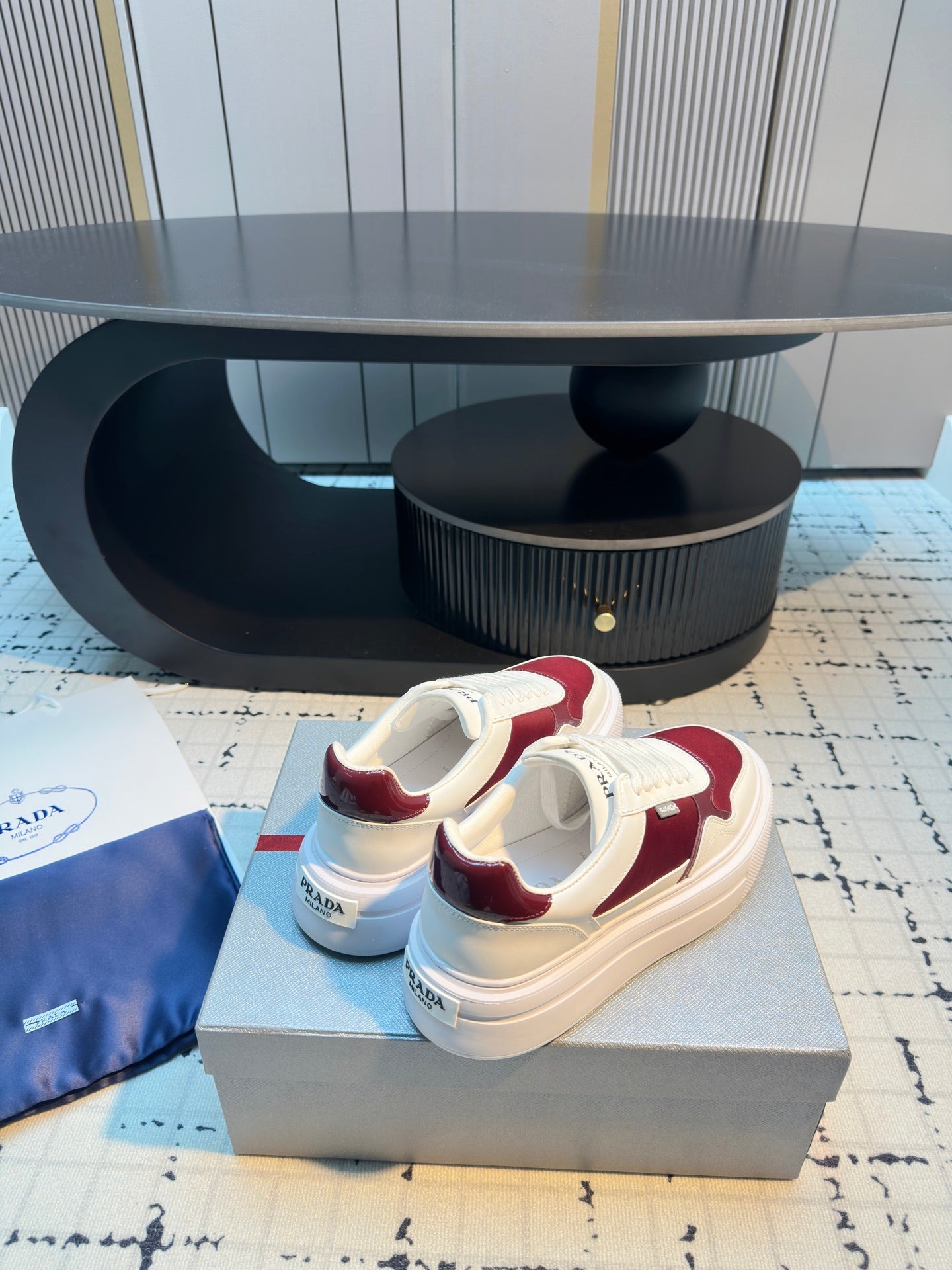 Prada 25s  Platform Sneakers White Red Cowhide 538422