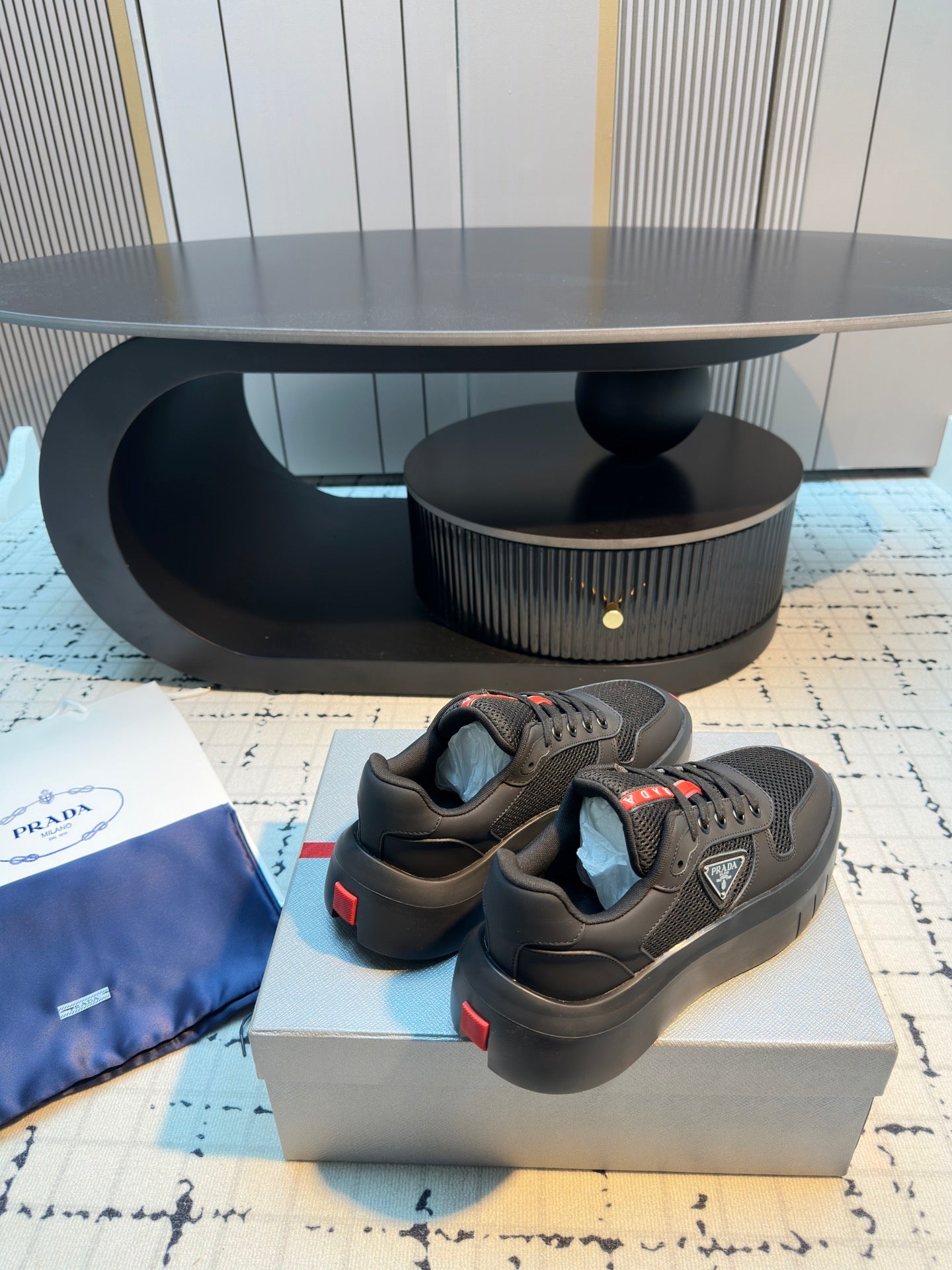 Prada 25s  Platform Sneakers Black Cowhide 538424