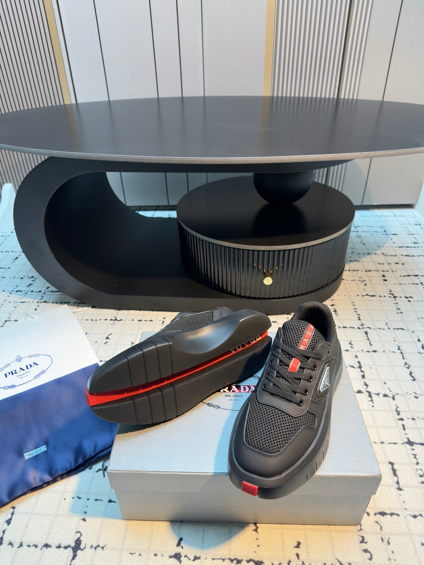 Prada 25s  Platform Sneakers Black Cowhide 538424