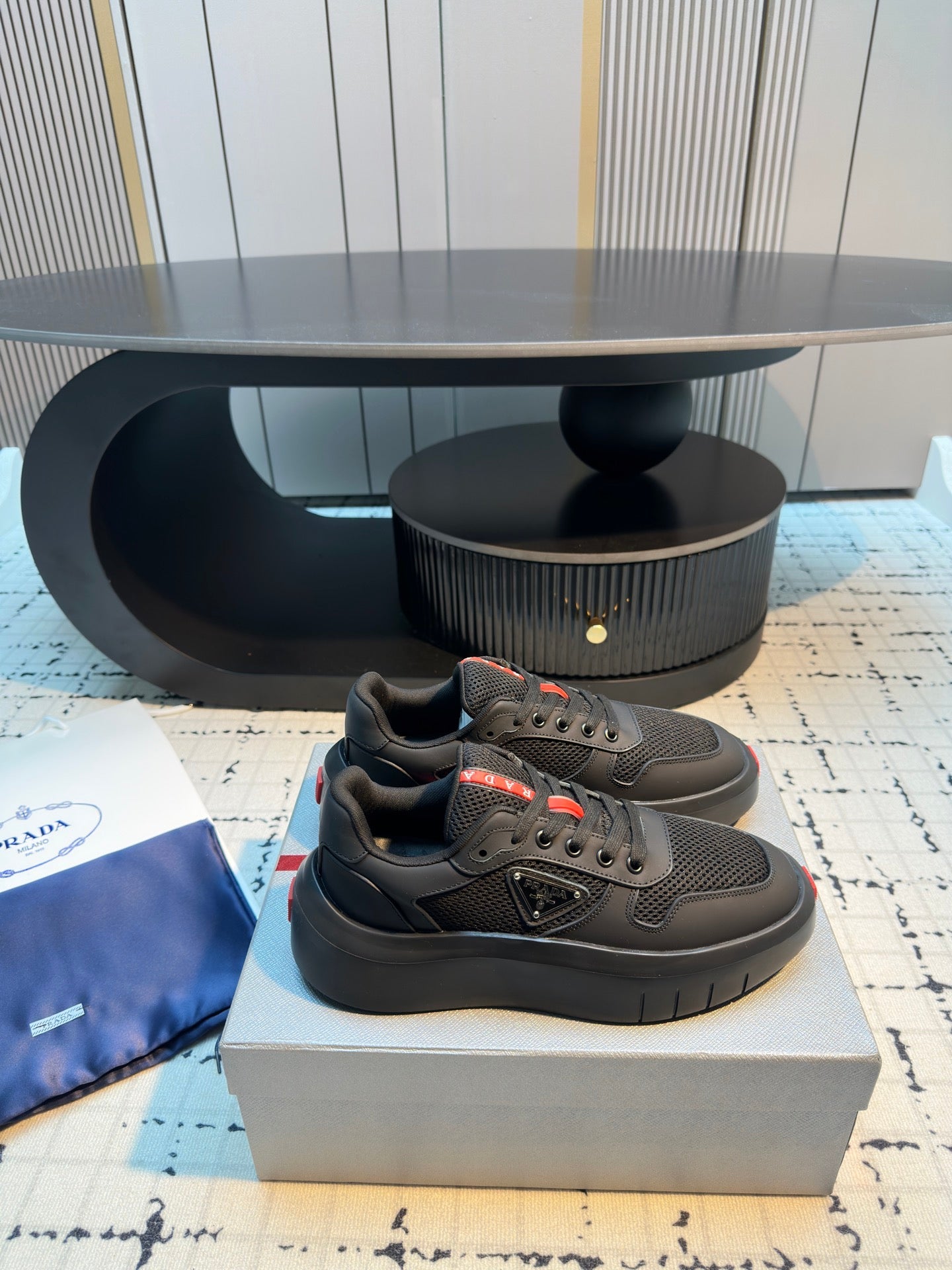 Prada 25s  Platform Sneakers Black Cowhide 538424