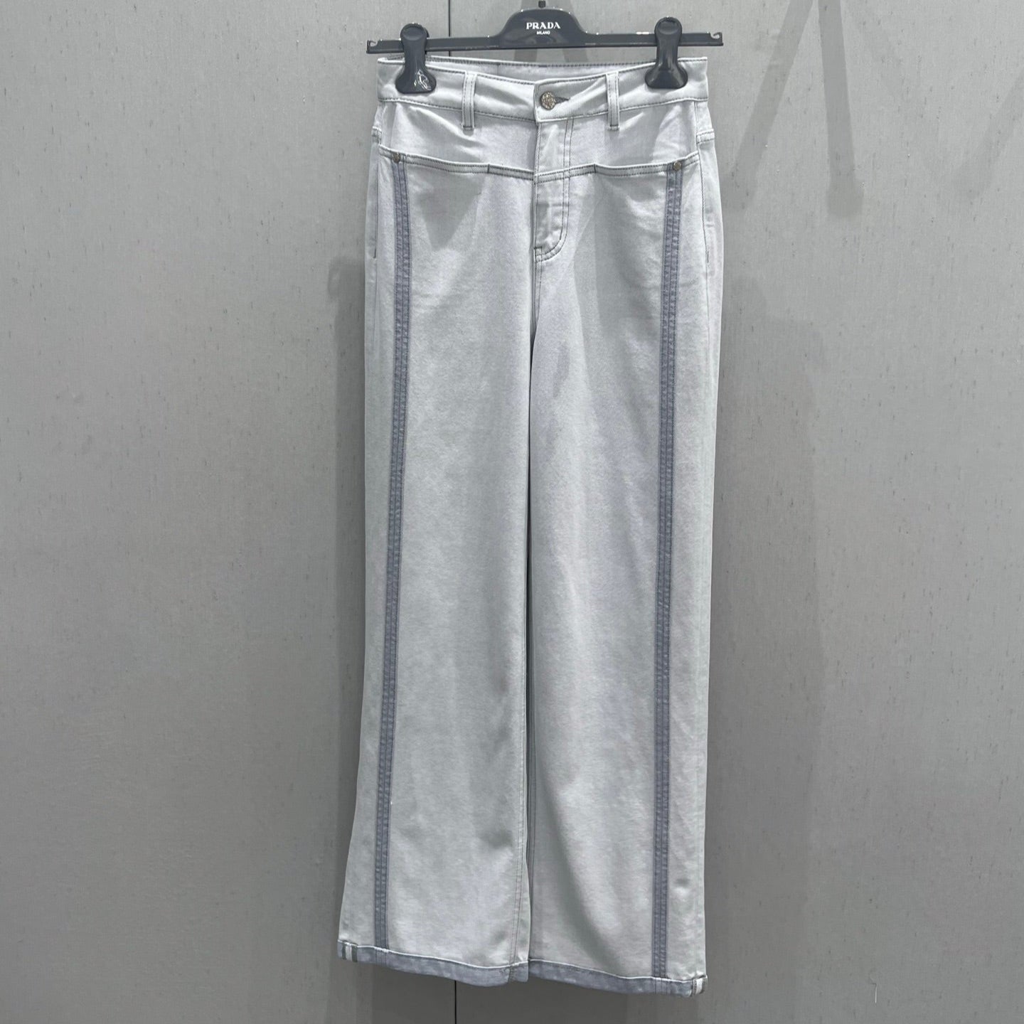 Prada 25 Vertical Striped Denim Pants White Cotton Polyester 215076