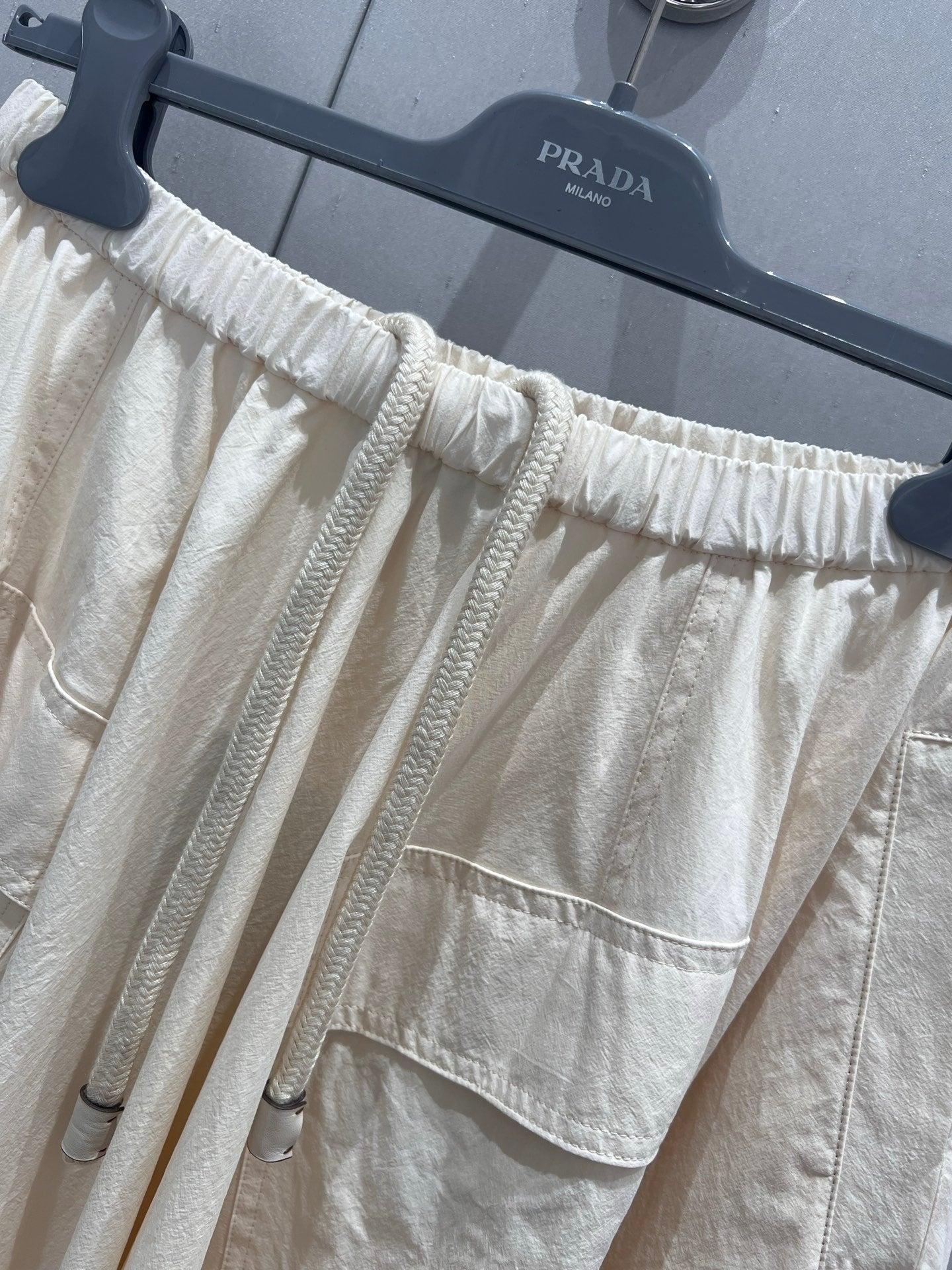 Prada 25 Drawstring Elastic Waist Umbrella Skirt Beige Cotton 215066