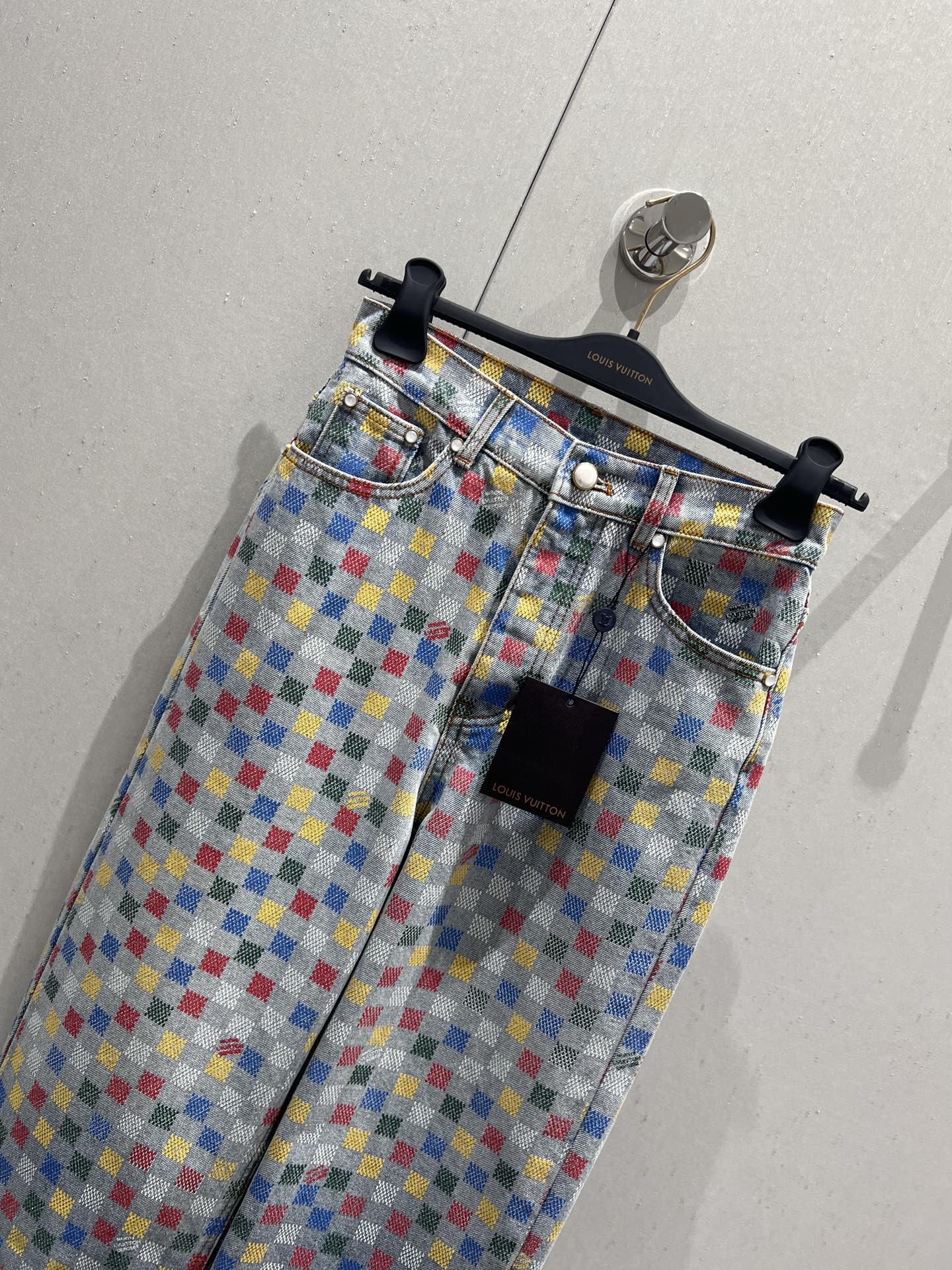 LV Plaid Multicolor  Denim Jeans Blue Cotton