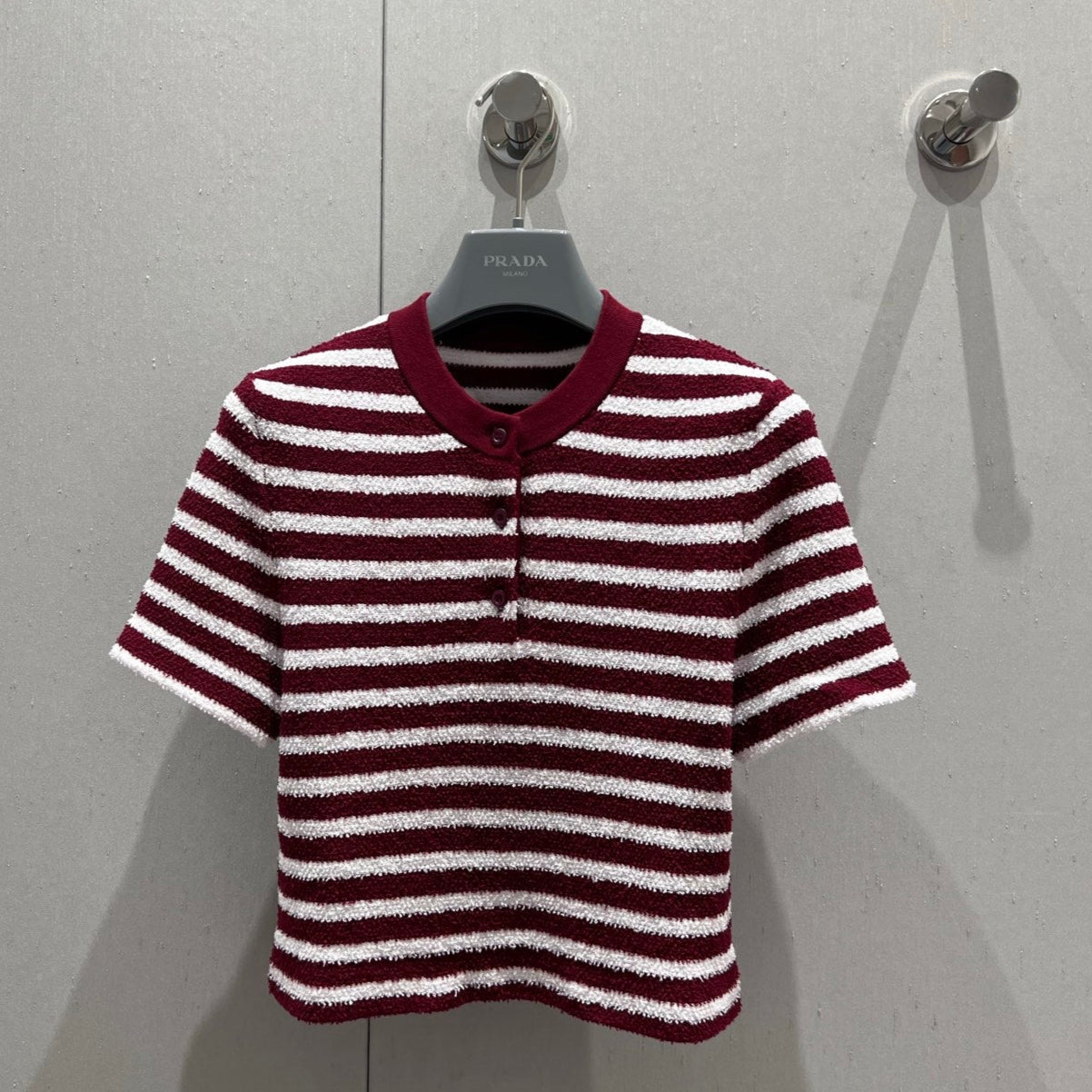 Prada 25 Yarn Striped Round Neck Knit Top White mix Red Cotton Poliamide 217770