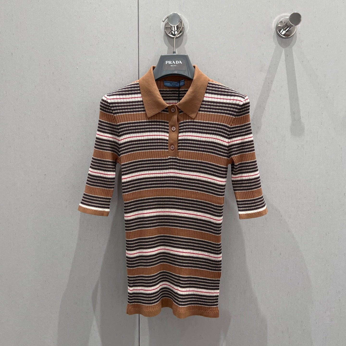 Prada 25 Striped Knitted Polo Short-sleeved Top Brown mix Black Cotton Poliamide 217945