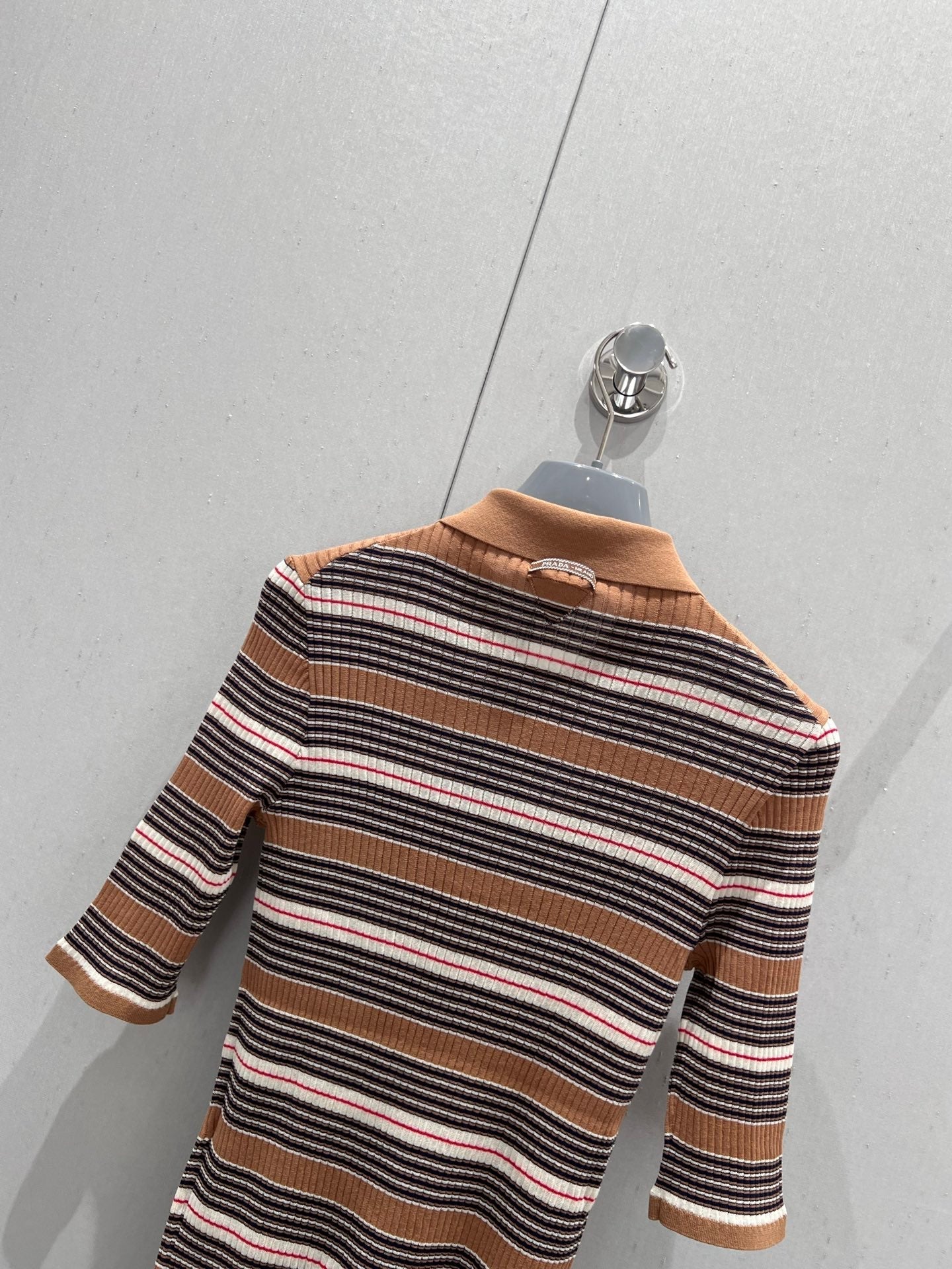 Prada 25 Striped Knitted Polo Short-sleeved Top Brown mix Black Cotton Poliamide 217945