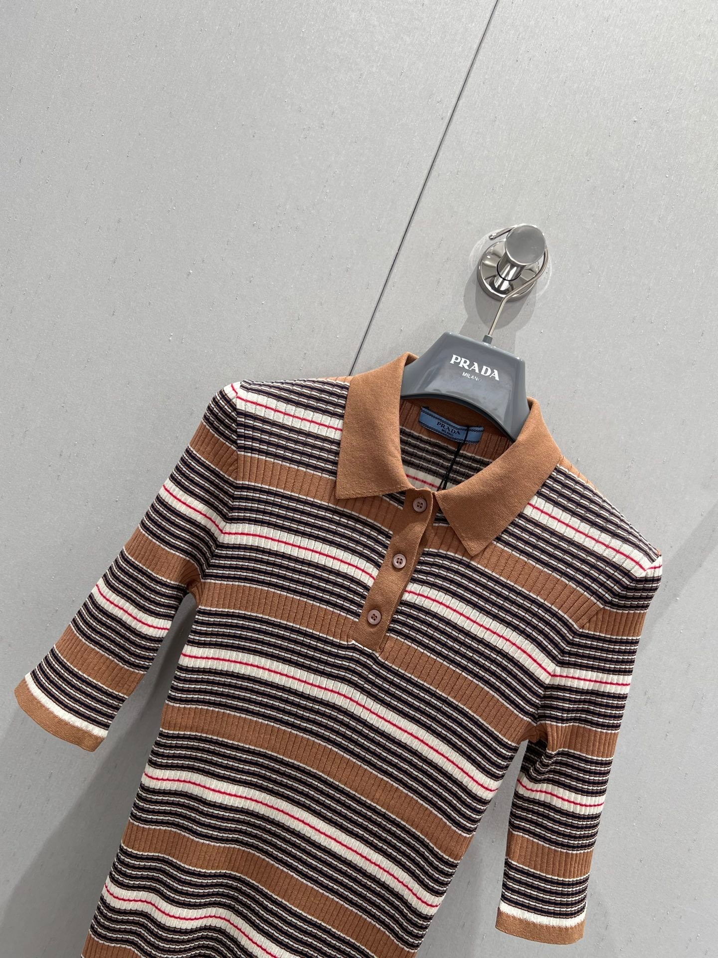 Prada 25 Striped Knitted Polo Short-sleeved Top Brown mix Black Cotton Poliamide 217945