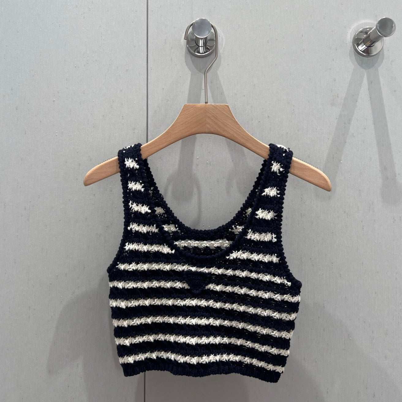 Prada 25 Striped Knitted Crop Top Navy Blue mix White Cotton 219409