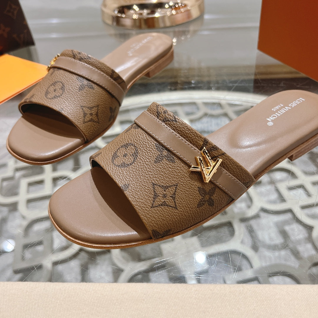 lv sandal isola flat mule brown monogram calfskin