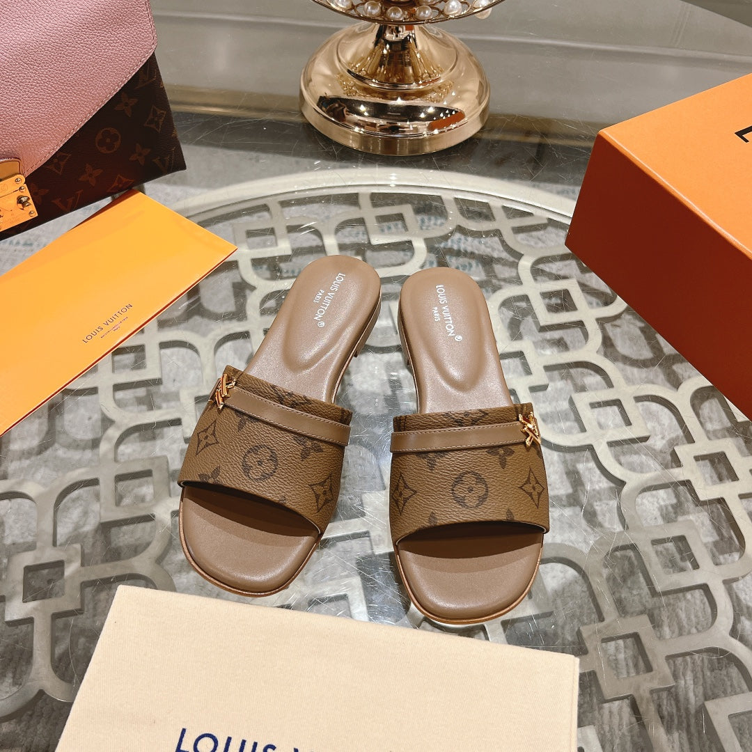 lv sandal isola flat mule brown monogram calfskin