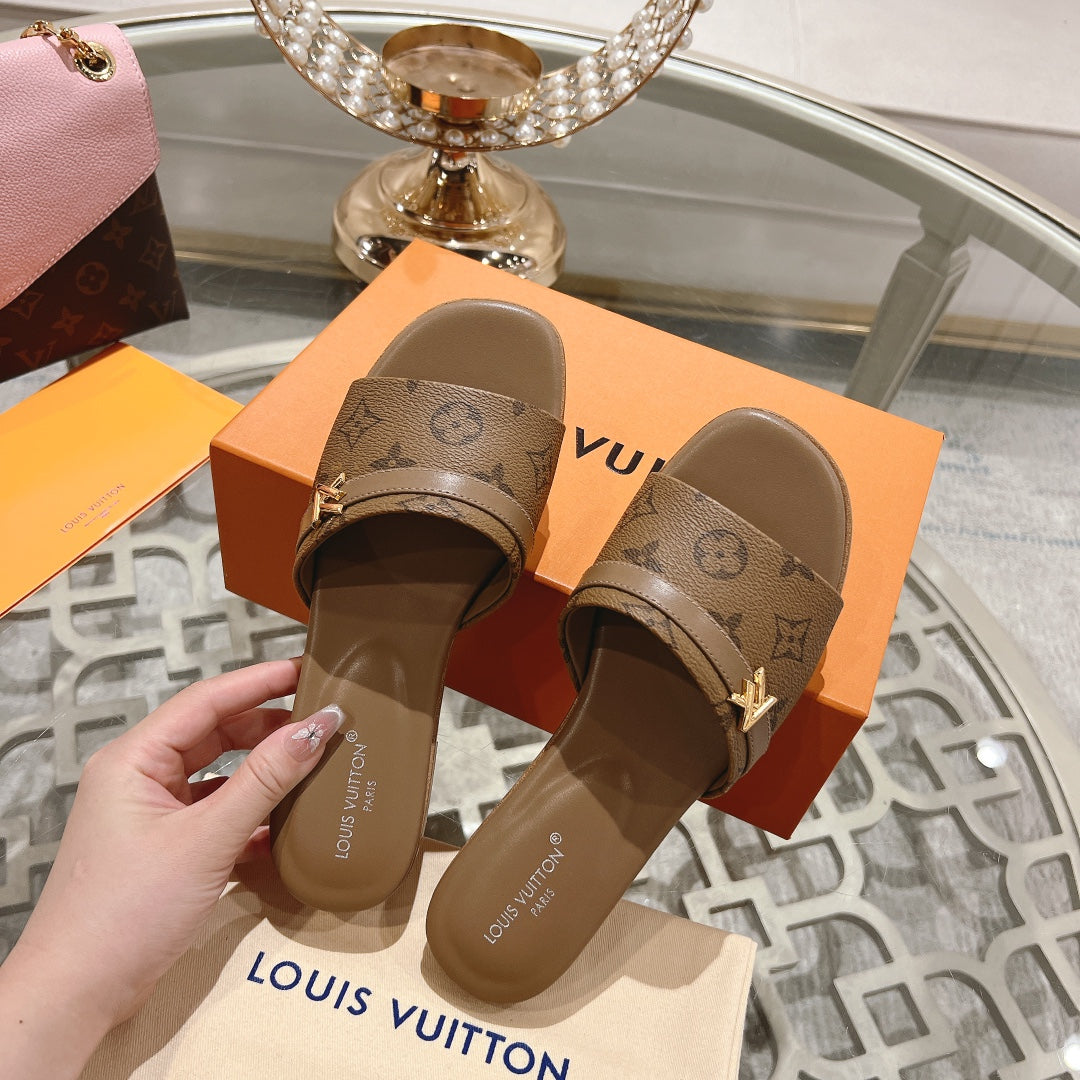 lv sandal isola flat mule brown monogram calfskin