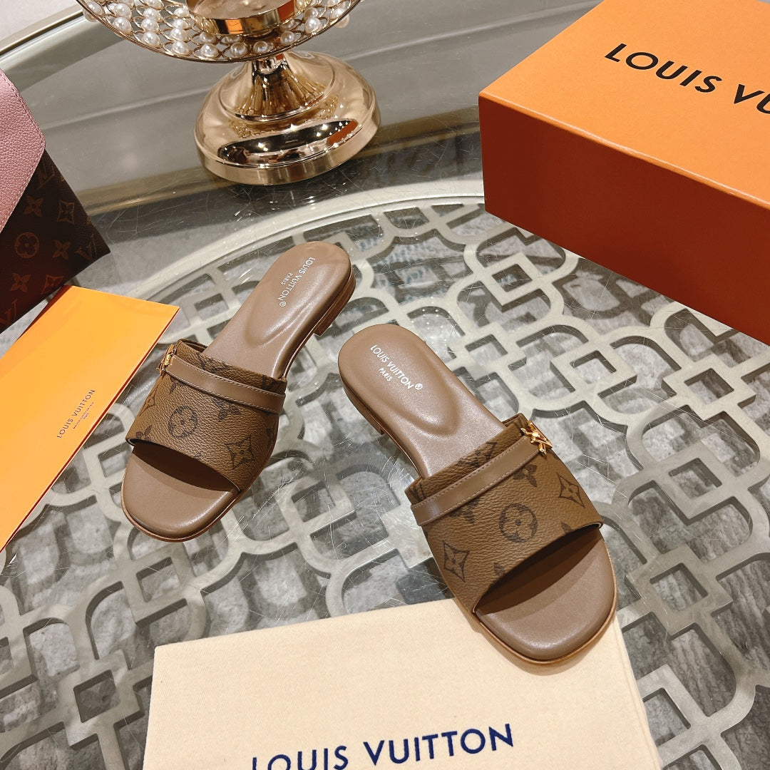 lv sandal isola flat mule brown monogram calfskin