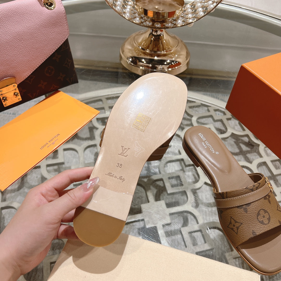 lv sandal isola flat mule brown monogram calfskin