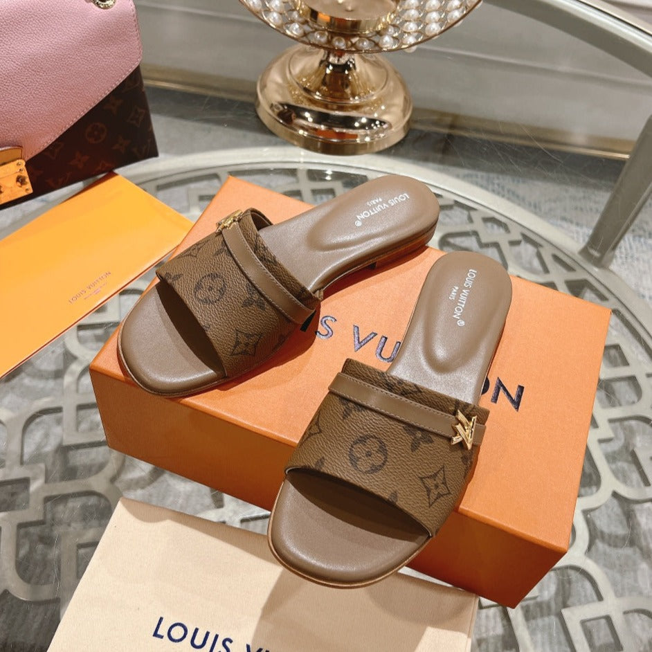 lv sandal isola flat mule brown monogram calfskin