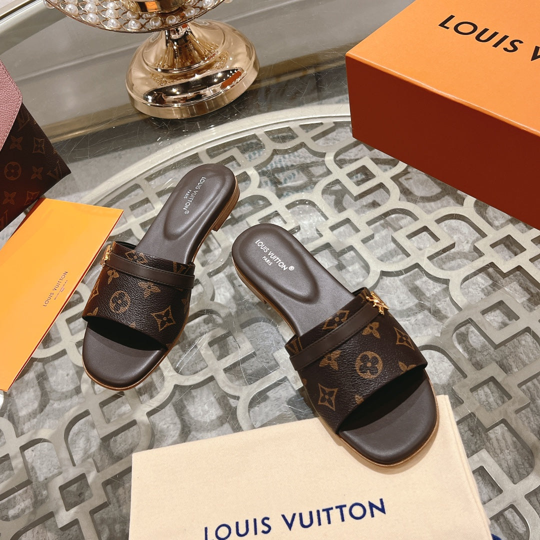 lv sandal isola flat mule dark brown monogram calfskin