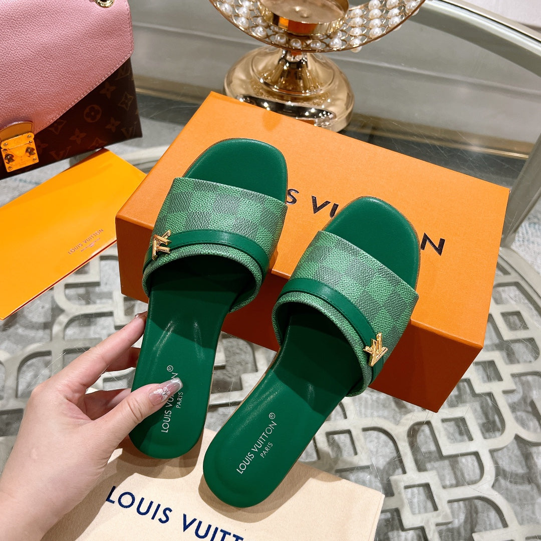 lv sandal isola flat mule green damier calfskin