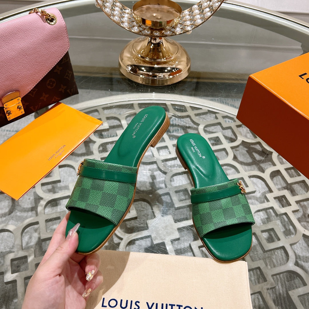 lv sandal isola flat mule green damier calfskin