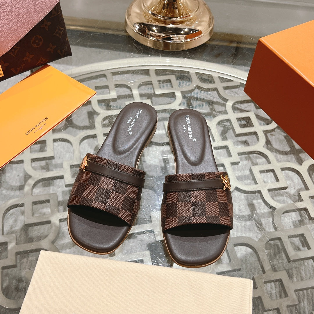 lv sandal isola flat mule brown damier calfskin