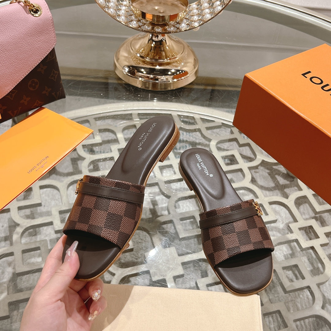 lv sandal isola flat mule brown damier calfskin