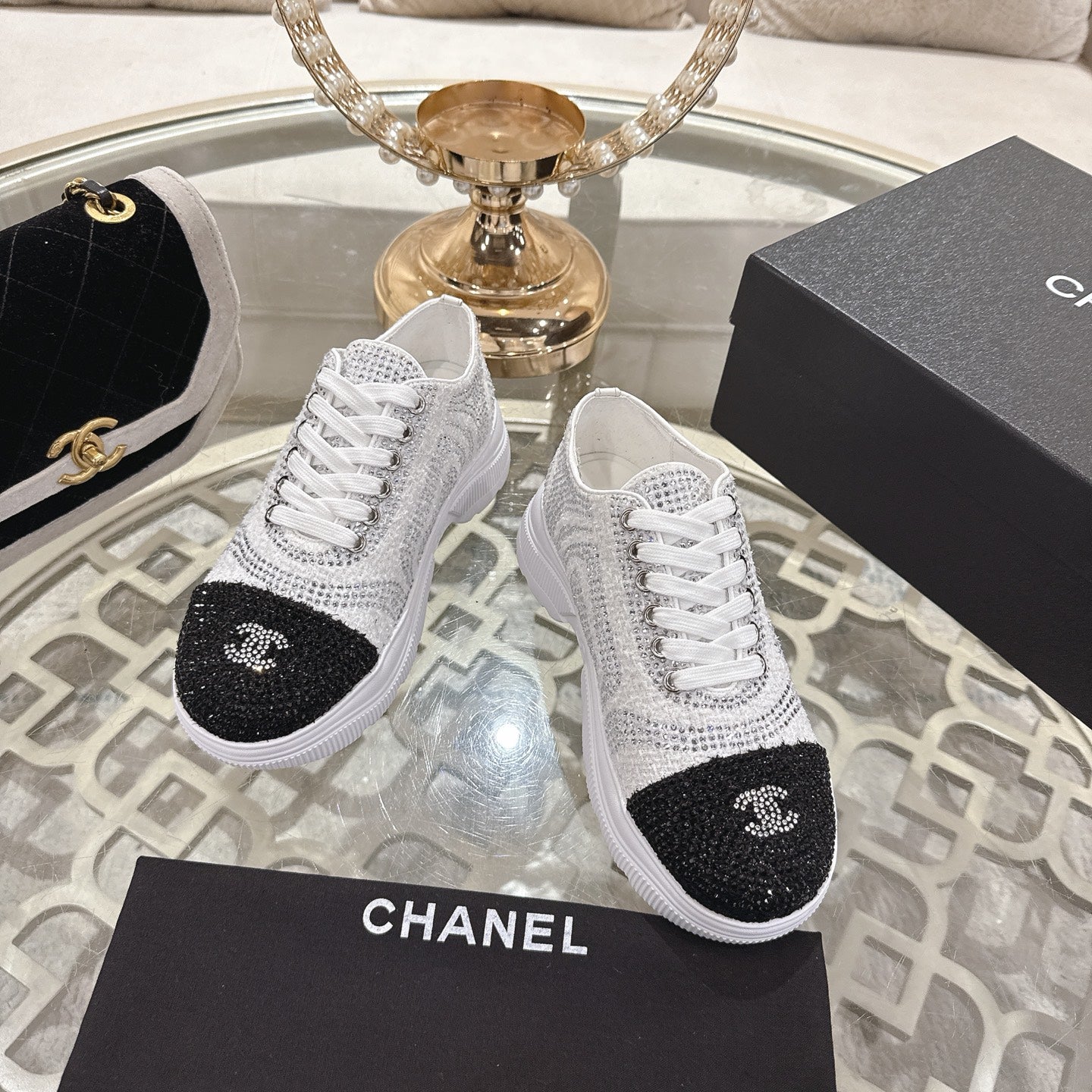 CC 26s Platform Sneakers White Black Rhinestone Sheepskin 627058