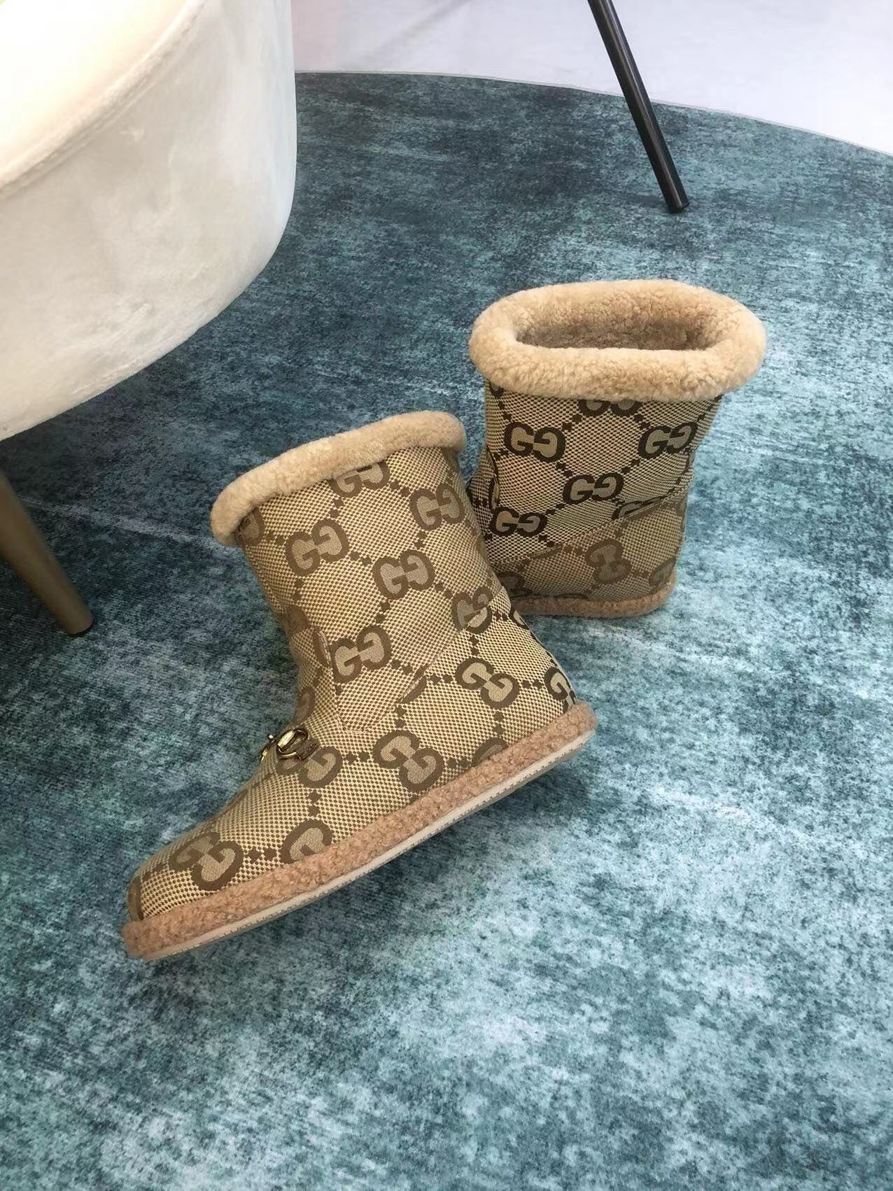 GG Horsebit Snow Boots Dark Beige Woolen Fabric Fleece 576252